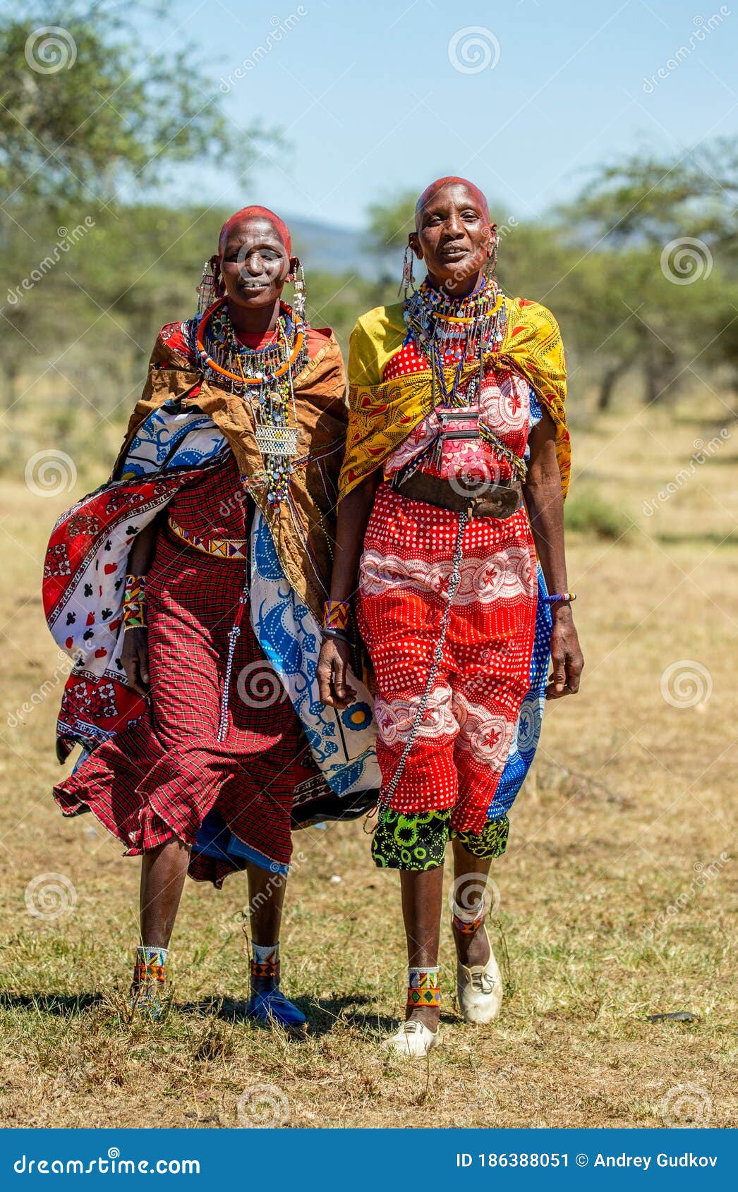 Duas Mulheres Masai Em Trajes Tradicionais Estão Conversando Entre