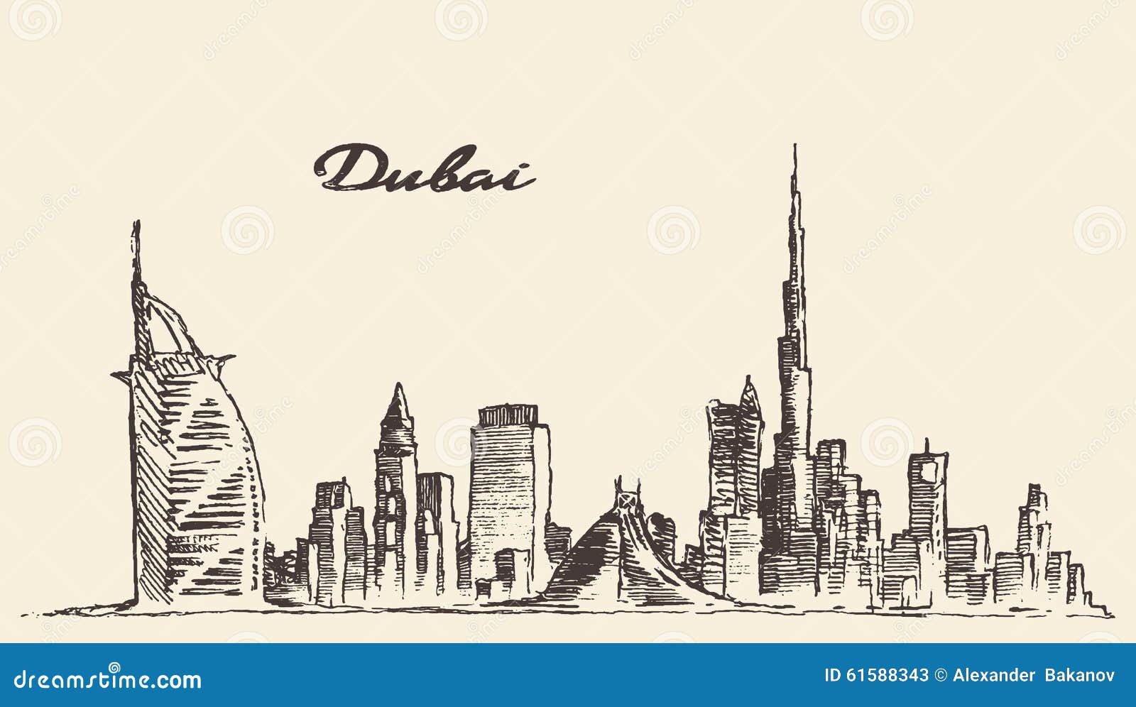 Dubai City Skyline Hand Drawn Vector Illustration Stock 