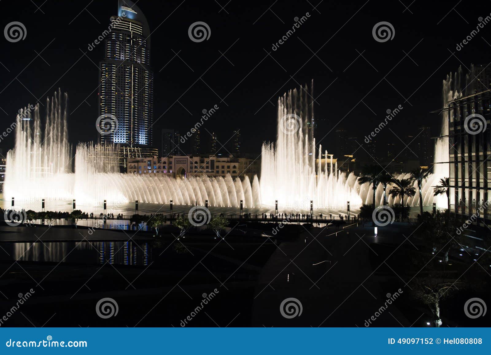 Dubai Fountains Show at Night. Tourist Attraction Dancing Fountain at
