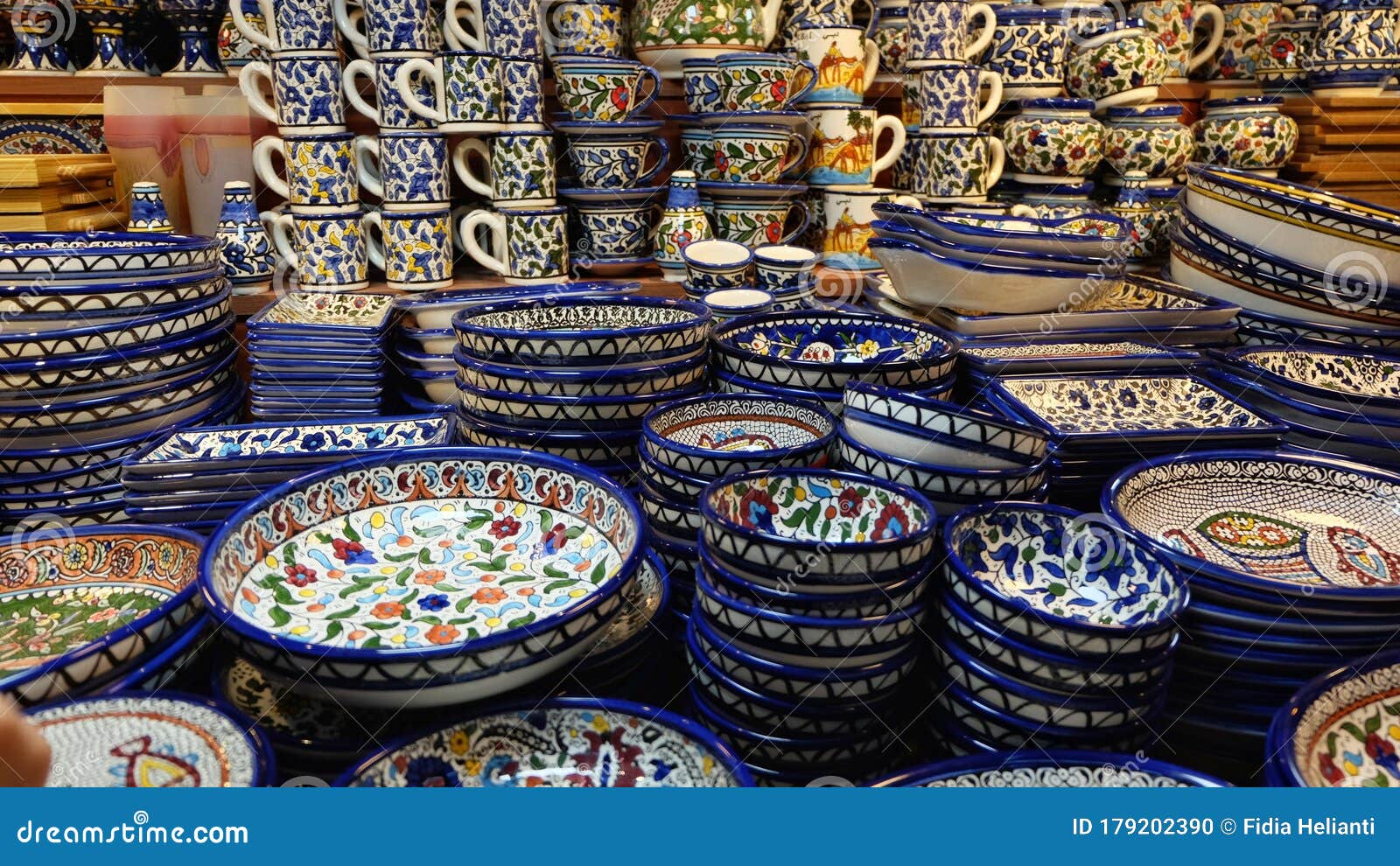 DubaiUAE, Dec 30, 2015 Various Blue Ceramic Plates and Cups