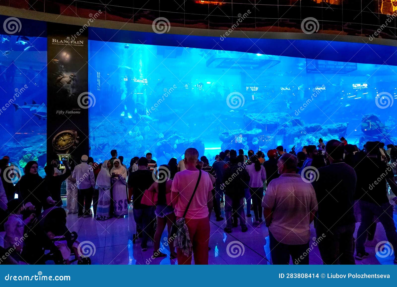 Dubai, UAE March,18,2023 Huge Aquarium with Fish in the Dubai Mall