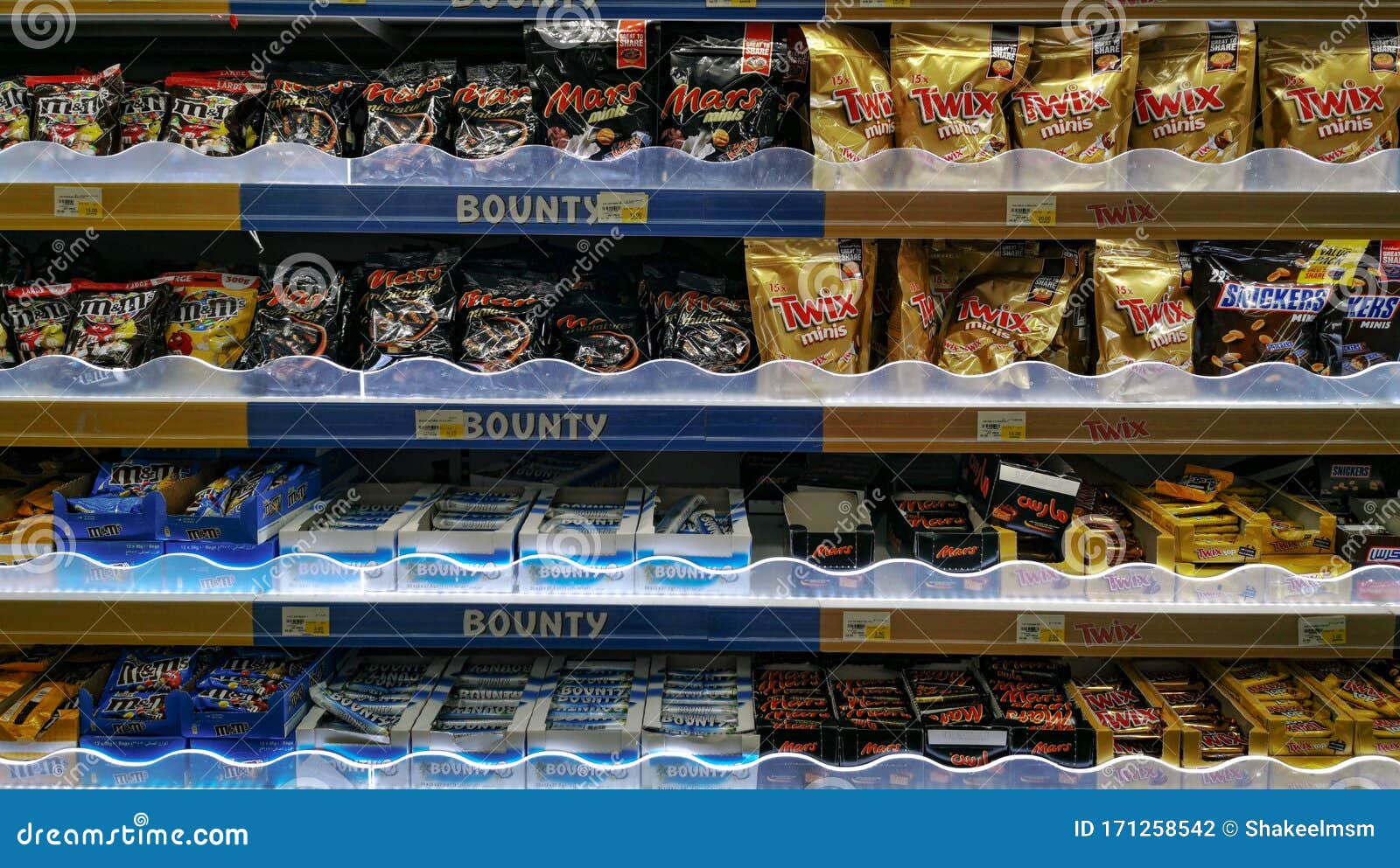Dubai, UAE MAY 12, 2019 Various Chocolate Brands on Shelf in a Super