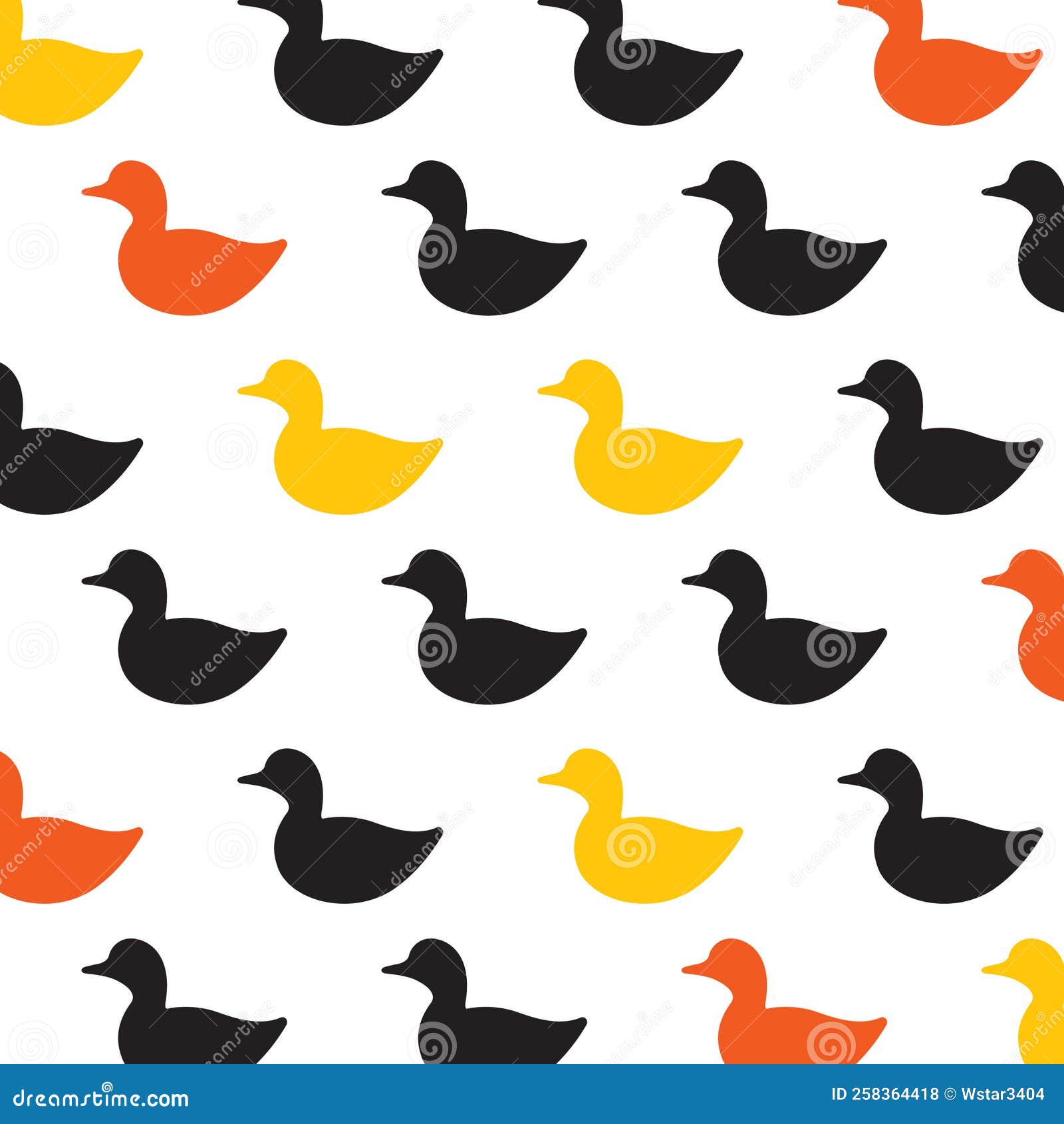 Duck Bird Funny Pattern. Black, Orange, Yellow Colored Ducks Stock