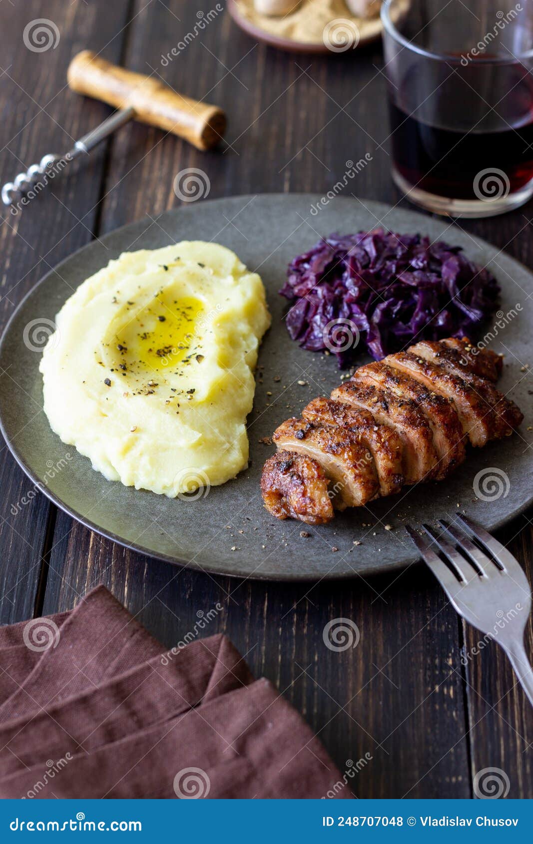 Duck Breast with Mashed Potatoes and Red Cabbage Stock Photo Image of