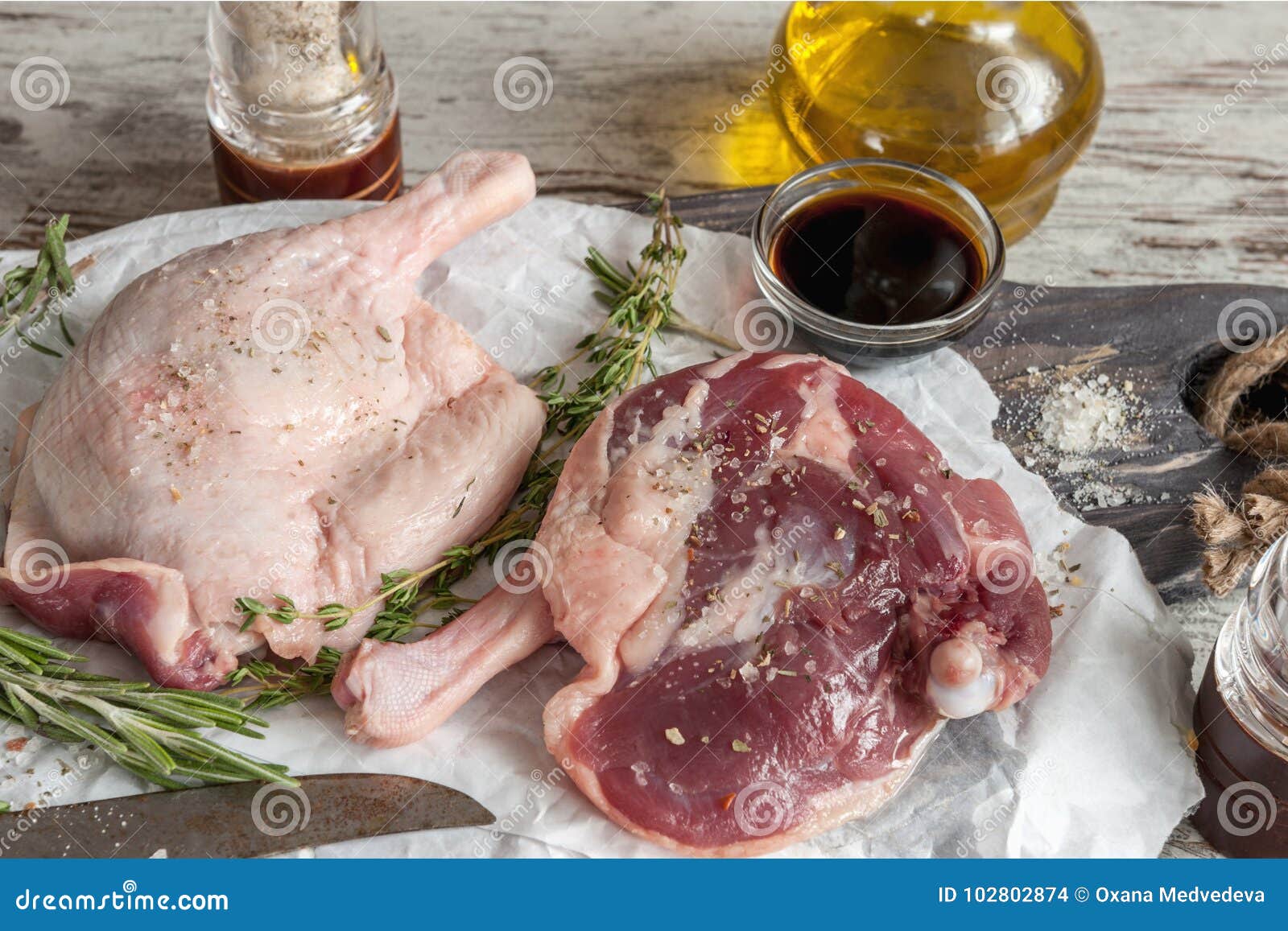 Duck Legs Cooked Marinade with Rosemary. Stepbystep. Copy Space Stock