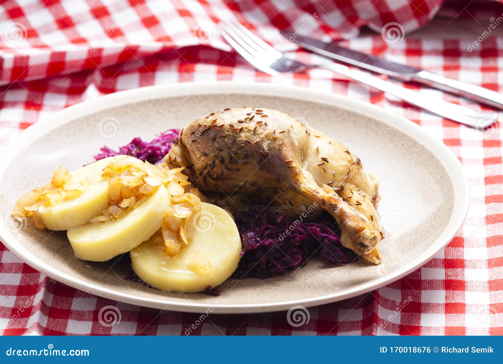 duck meat with potato dumlings and red cabbage