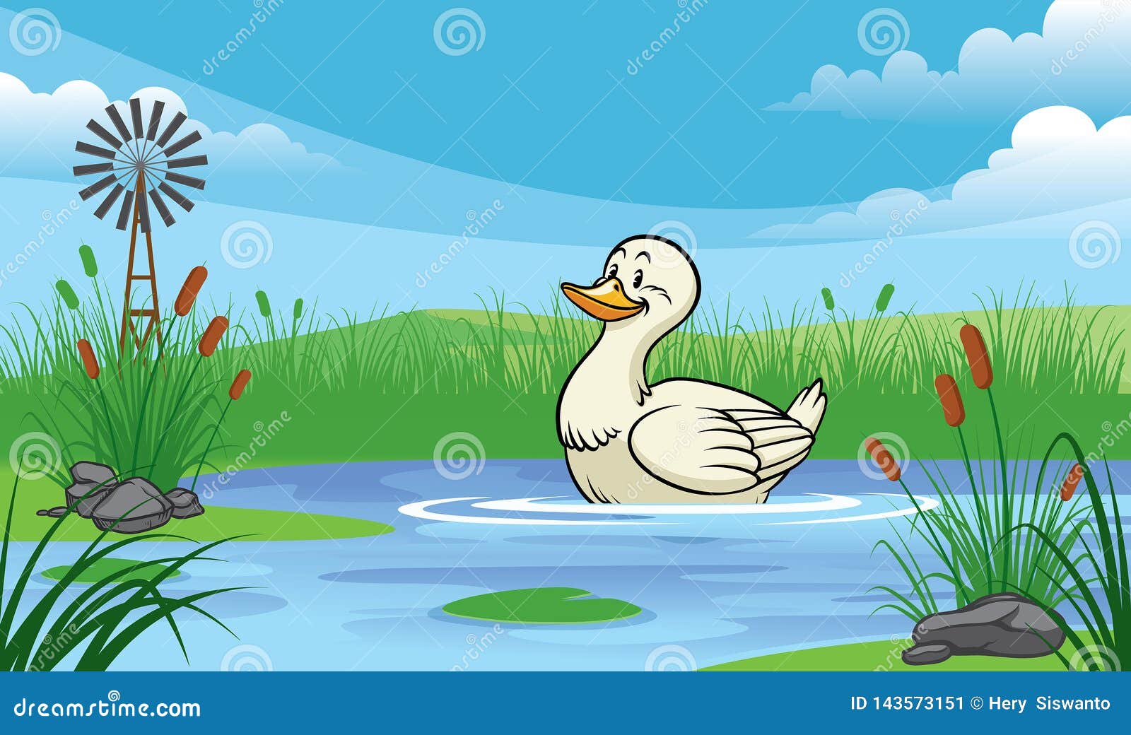 Duck In The Pond With Cartoon Style Stock Vector