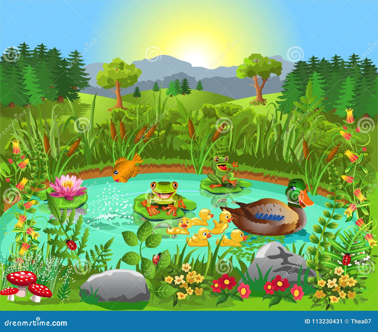 Duck Pond Near the Forest and Mountains Stock Vector Illustration of