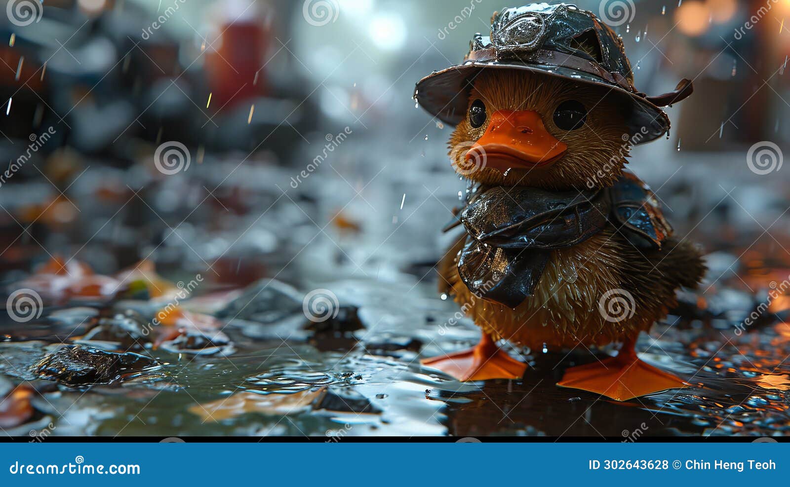Duck in a Raincoat and Hat on a Rainy Day Stock Photo Image of
