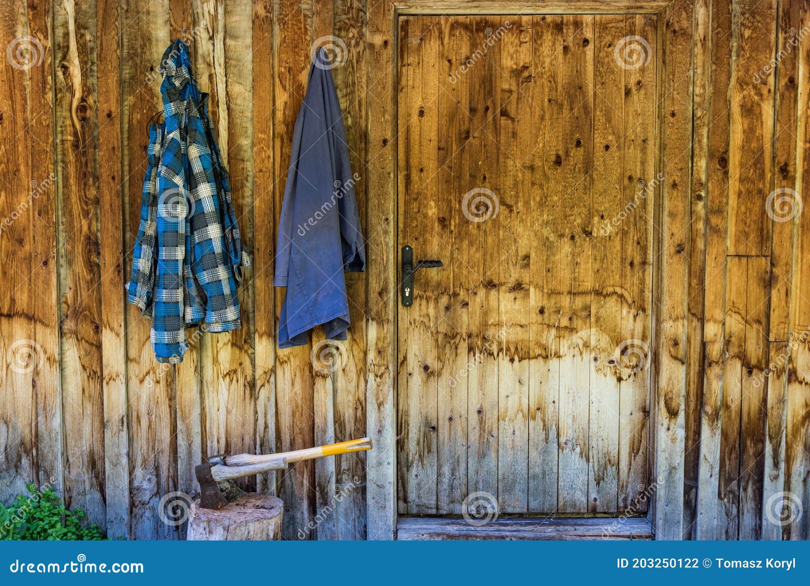 Due Assi Di Legno Bloccati Nel Tronco Di Taglio Del Legno. Sullo Sfondo Un  Muro Di Legno Della Casa E Due Abiti Da Lavoro Appesi Fotografia Stock -  Immagine di oggetto, apparecchiatura