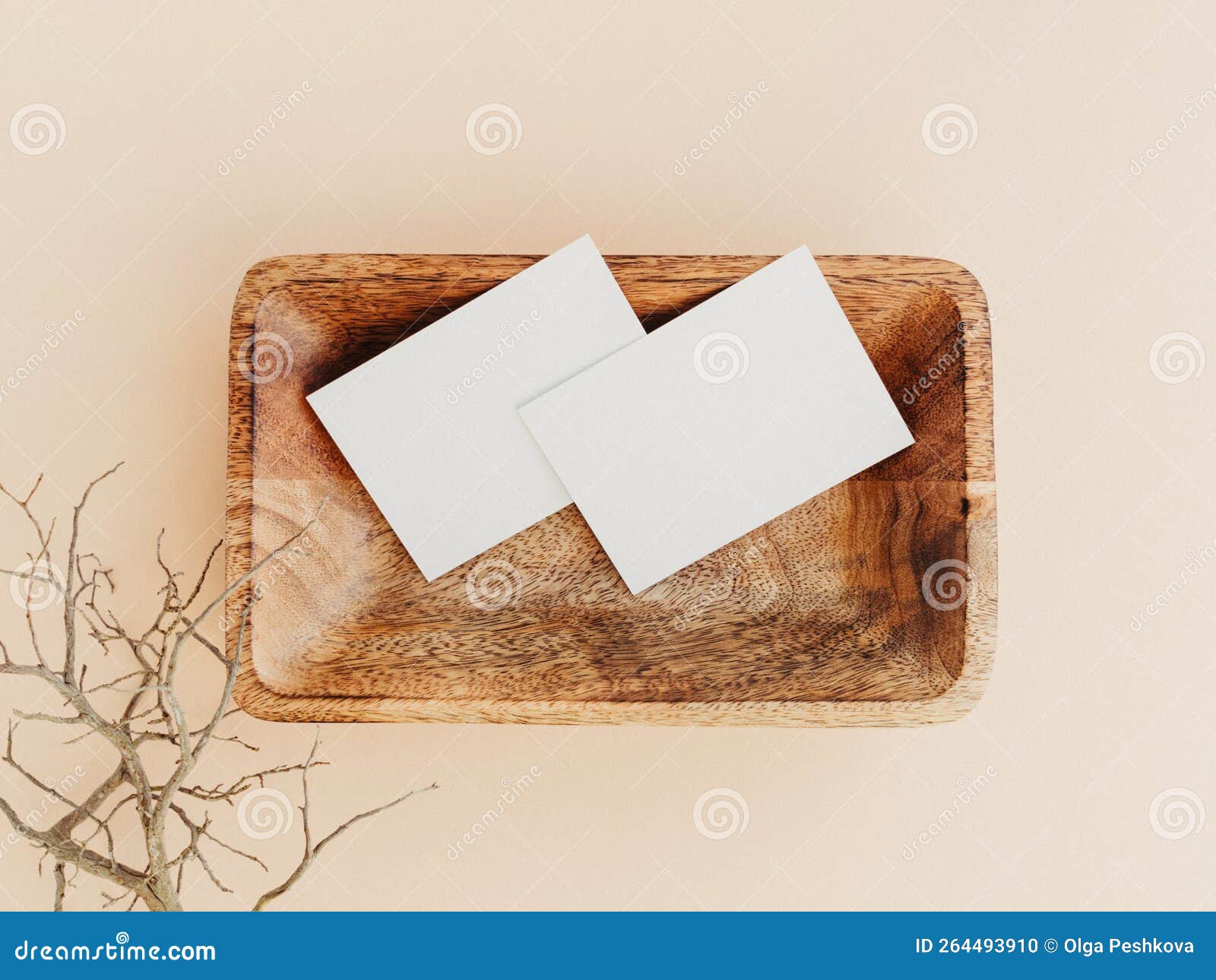 Due Cartoncini Bianchi in Bianco Sulla Vassoio Di Legno E Un Brunch Di  Albero Su Sfondo Beige Fotografia Stock - Immagine di messaggio, piano:  264493910