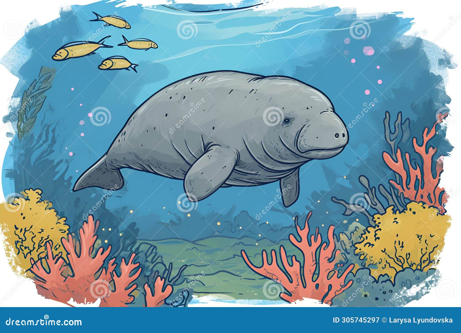 dugong or sea cow in the blue warm sea against the backdrop of corals.