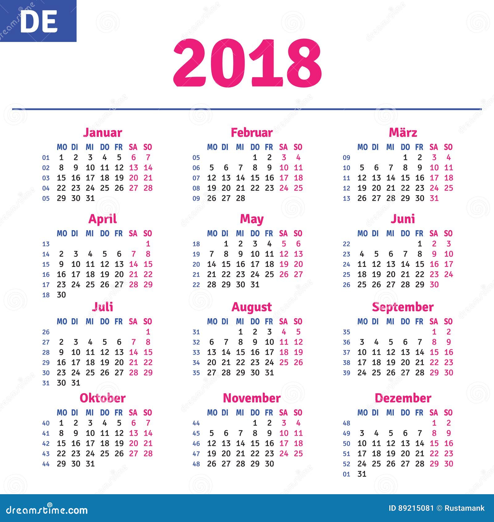 Duitse kalender 2018 vector illustratie. duitsland 89215081