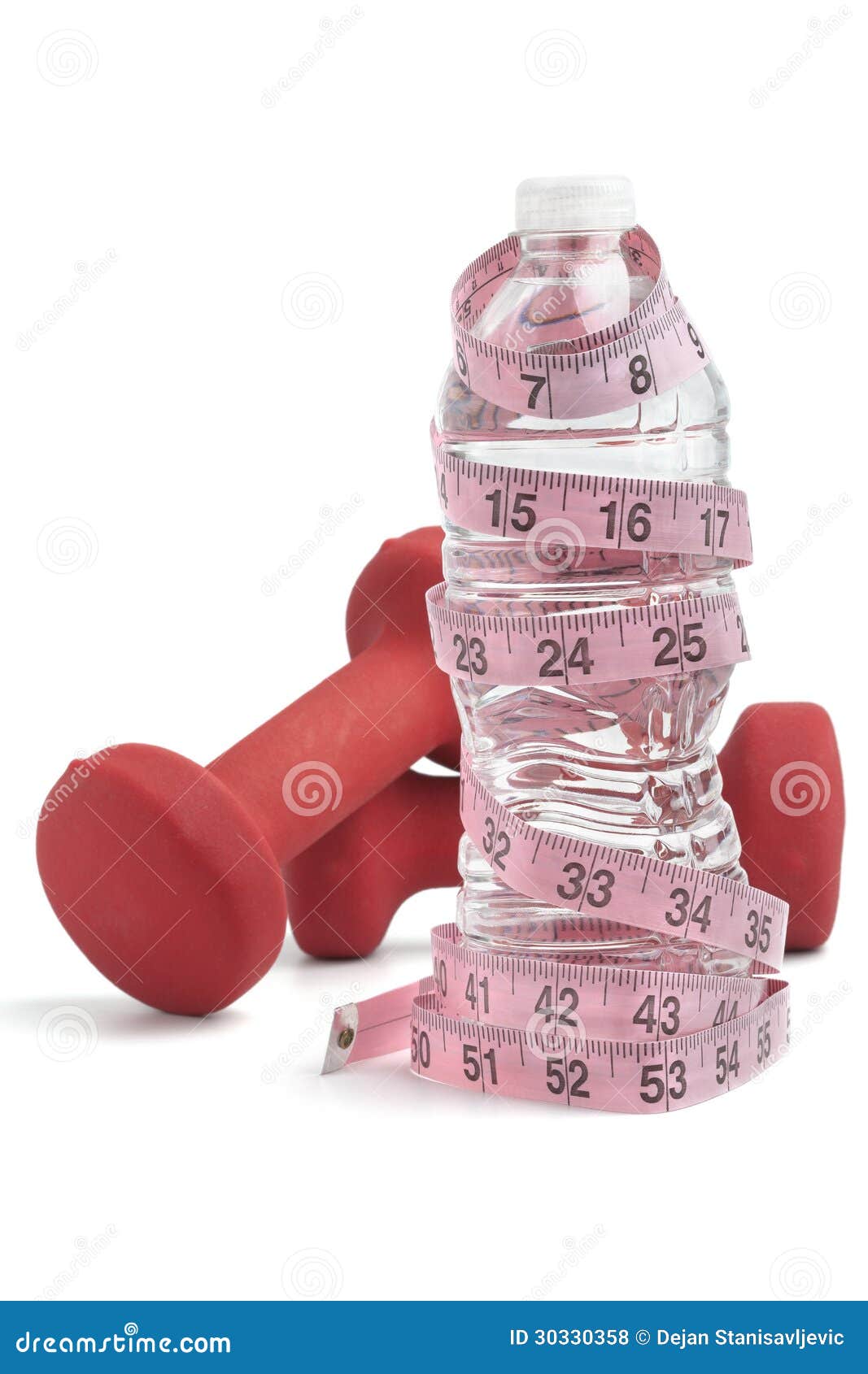 Dumbbell Weights With Tape Measure And Water Bottle Stock Photo Image