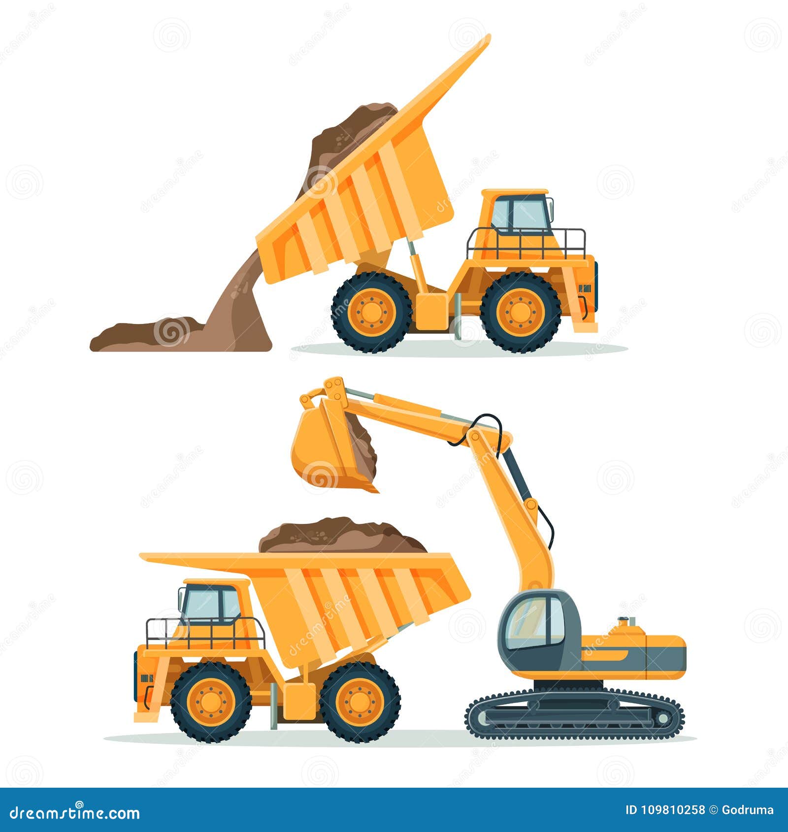 dump truck with body full of soil and modern excavator