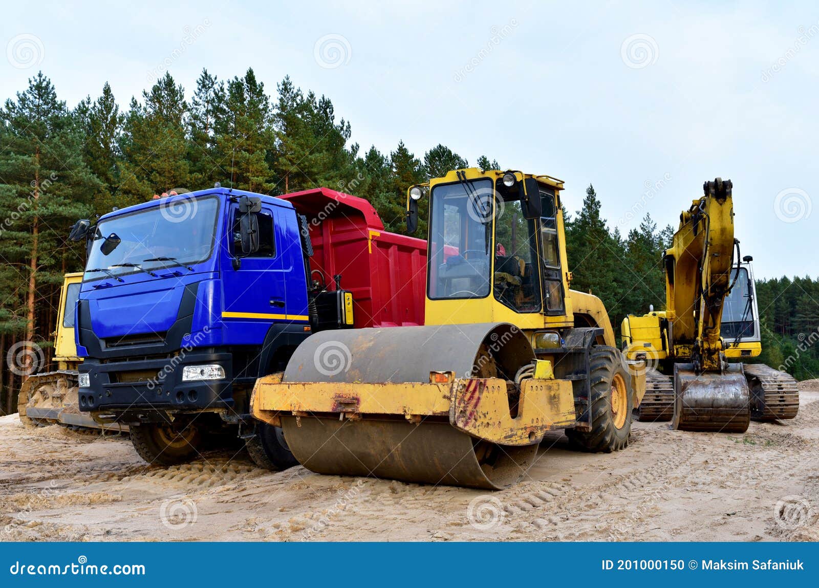 Dump Truck, Excavator, Dozer and Vibro Roller Soil Compactor at Road Construction and Bridge