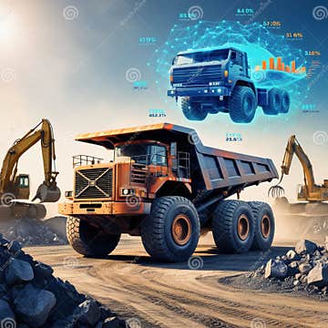 A Dump Truck is Working in a Mine, with a Digital Twin Overlay Showing