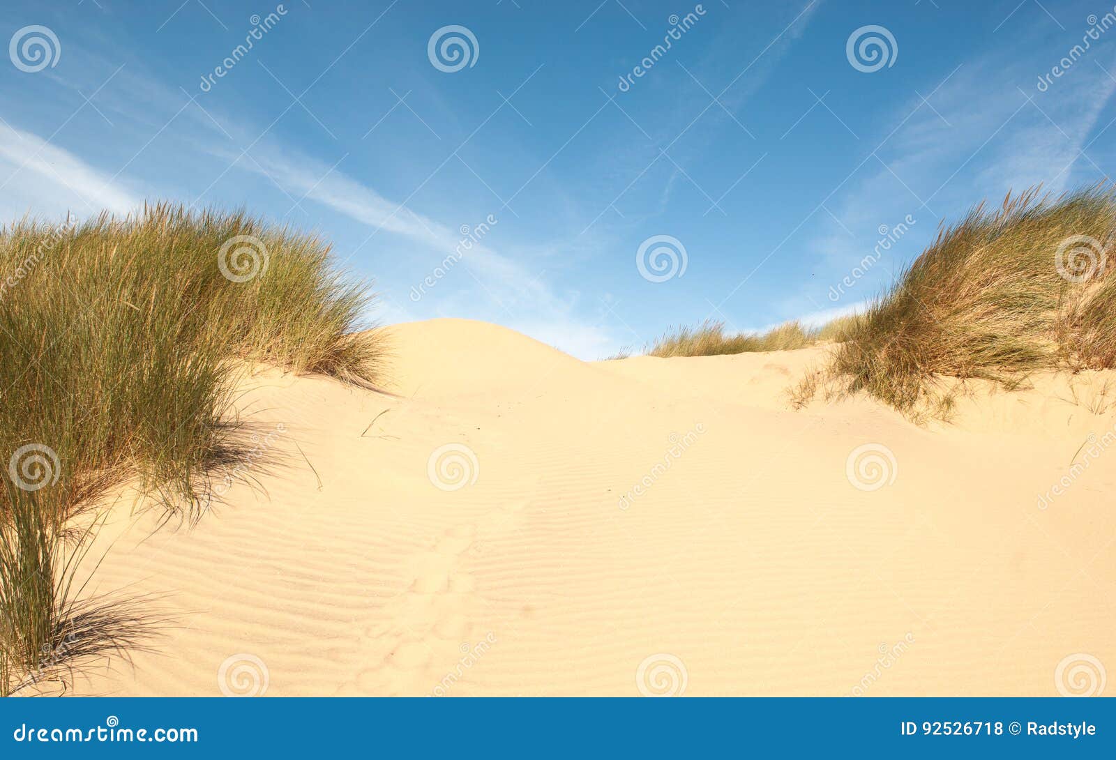 Duna de areia com ondinhas e grama. Imagem do Seascape de uma duna de areia com ondinhas, pegadas no centro e grama ao longo das bordas