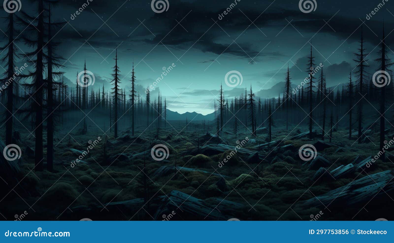 dune: retrofuturistic nordic forest at dusk with spooky atmosphere