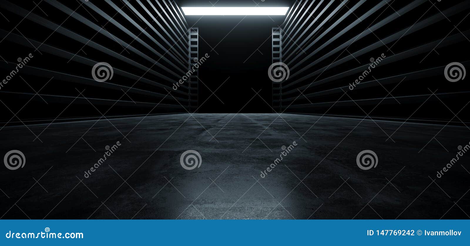 Dunkler Film- Futuristischer Moderner  Garagen-Ausstellungsraum-Tunnel-Korridor-konkreter Metallschmutz- reflektierender Glatter Le Stock Abbildung - Illustration von architektur,  innere: 147769242