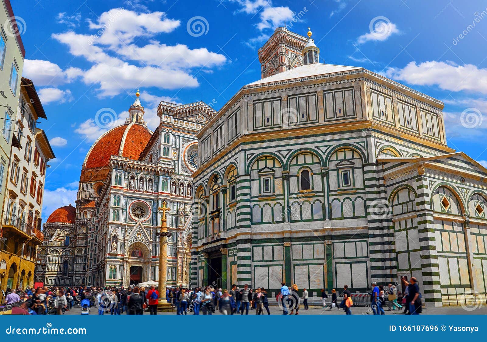 Duomo cathedral Santa Maria del Fiore. Duomo. Santa Maria del Fiore Cathedral in Florence. Italy. Front side on blue sky background. Sunny day.