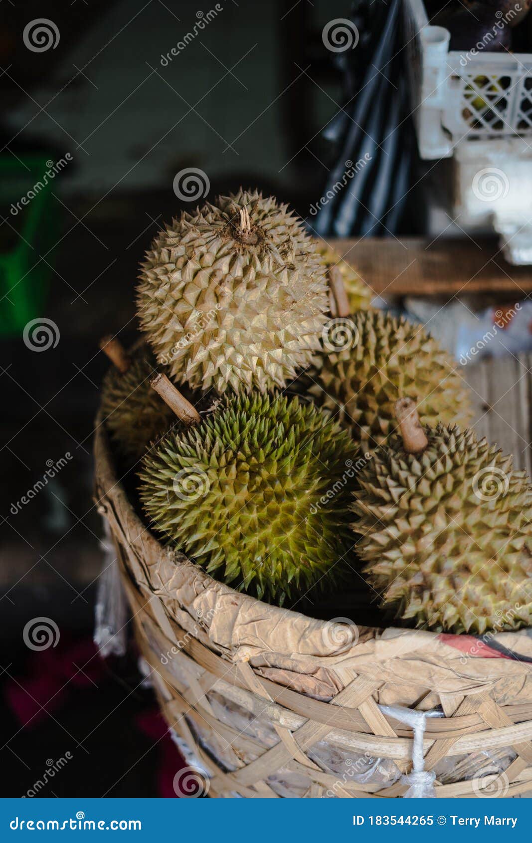 Durian in Wicker Basket at the Market Stock Image Image of durian