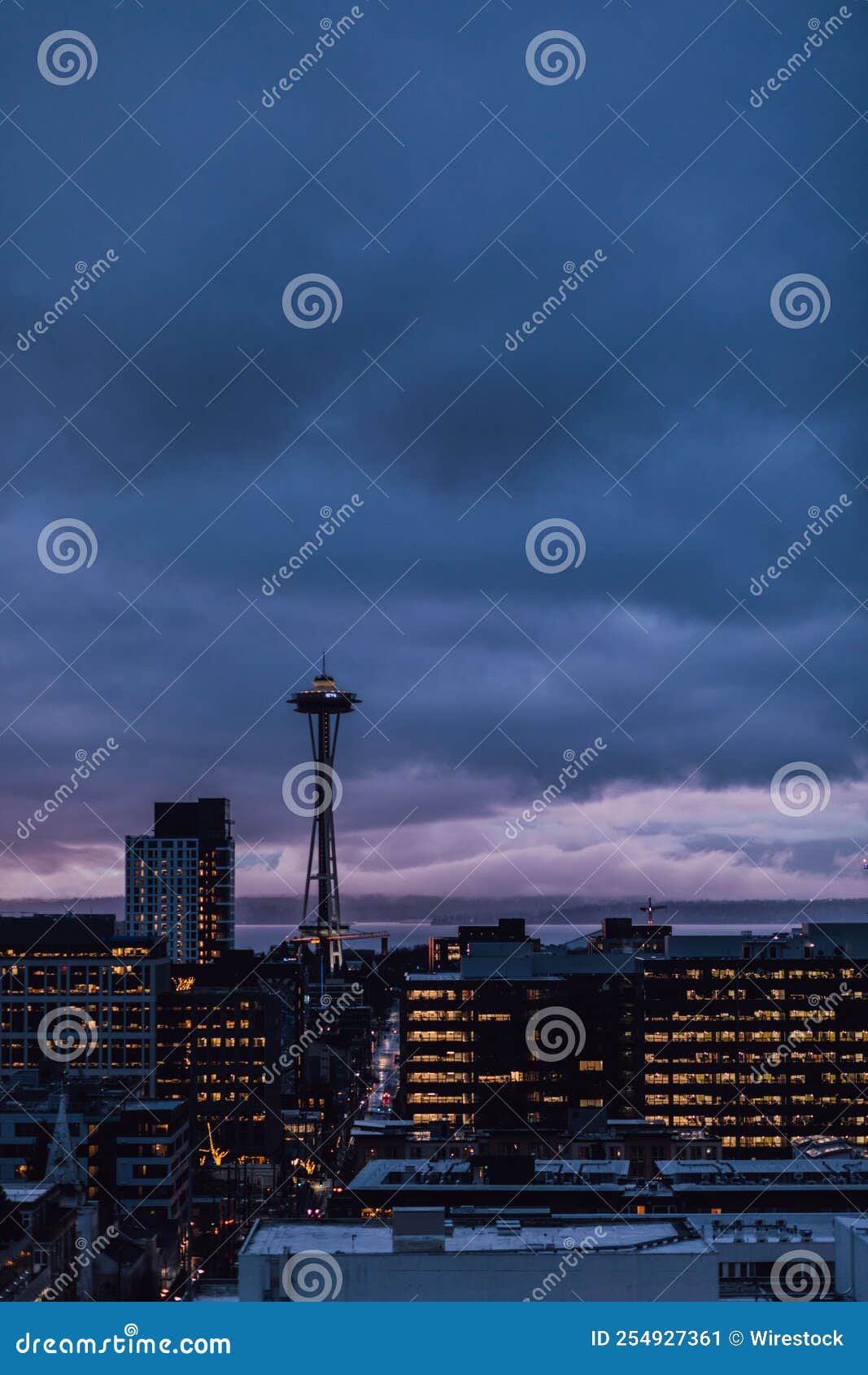 Dusk Blue View of Seattle Skyline from Rooftop Deck Stock Image Image of architecture, night