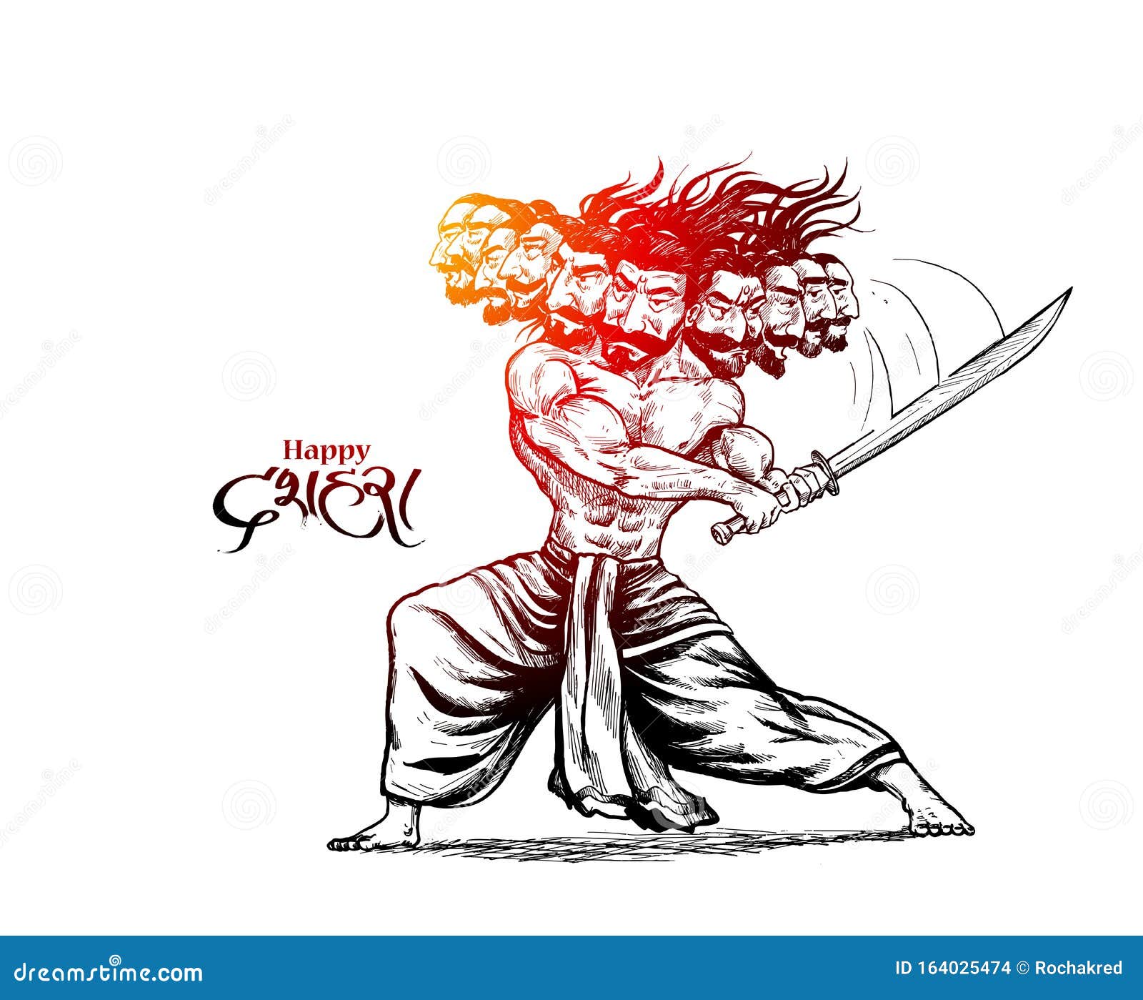 Dussehra celebration - angry ravana with ten heads, hand drawn wall mural •  murals warrior, vector, ten | myloview.com