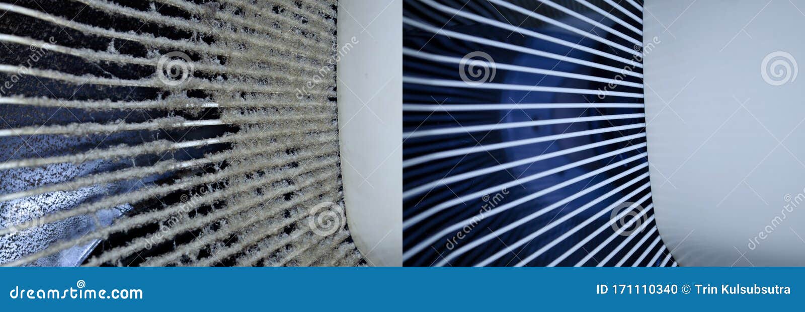 dust and dirt accumulate on the back grille of the fan. before and after cleaning