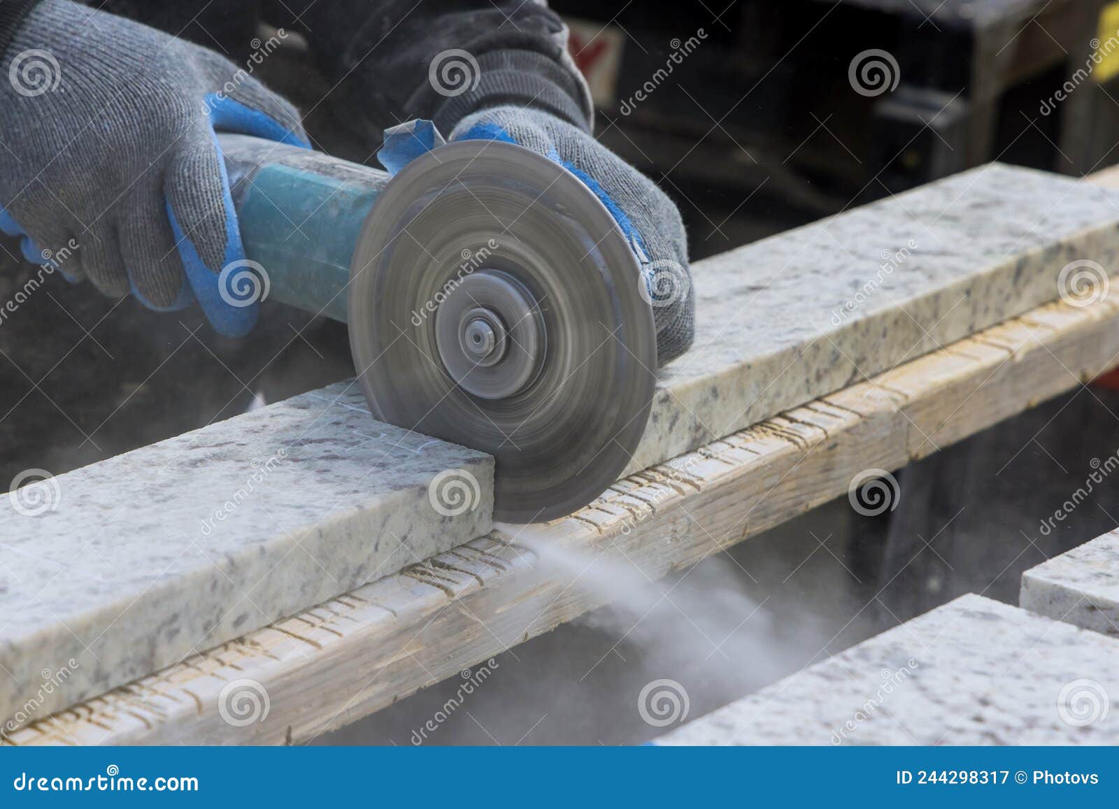 Dust while Grinding Closeup of Worker Cutting Granite Plate with