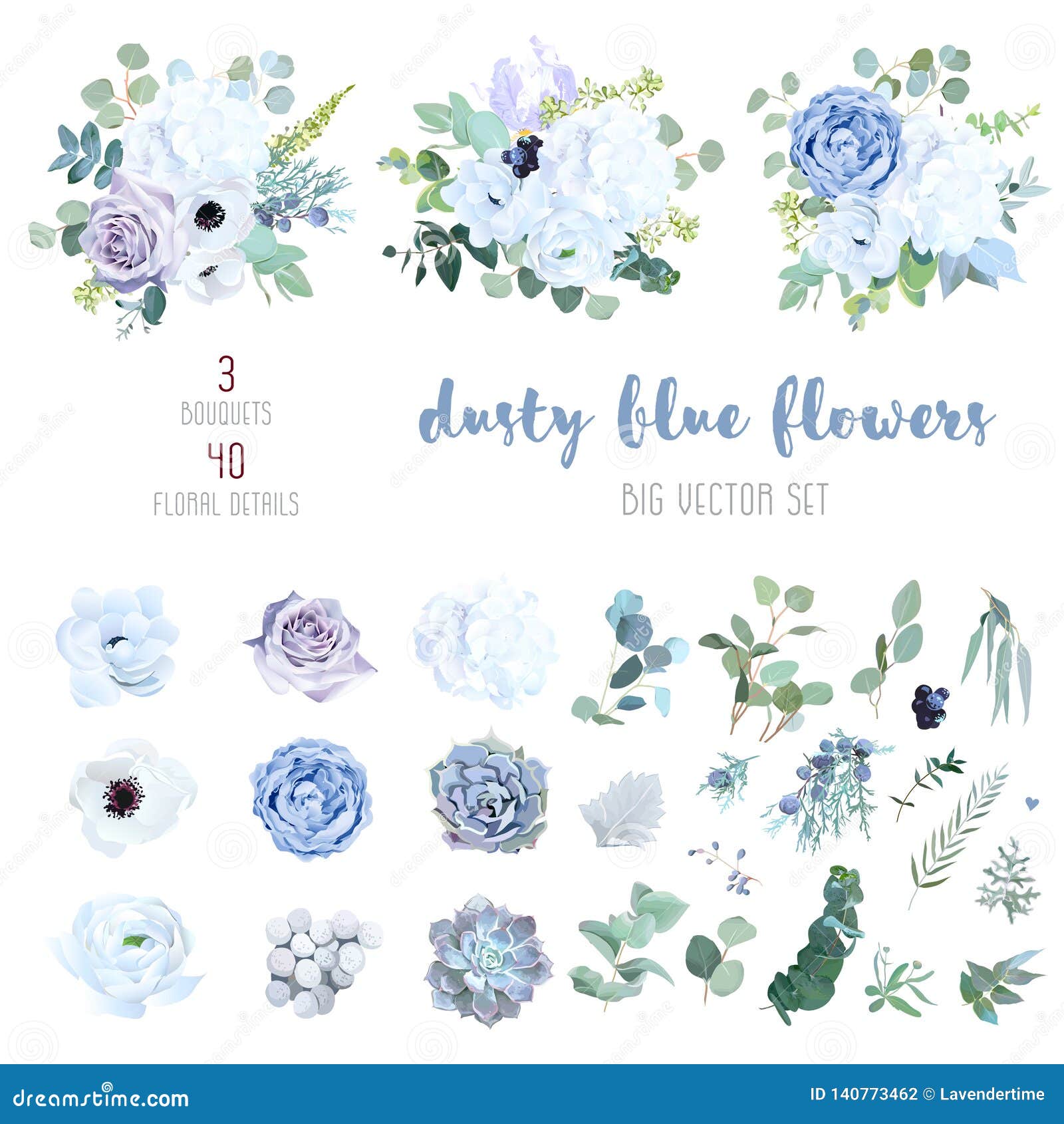 dusty blue, pale purple rose, white hydrangea, ranunculus