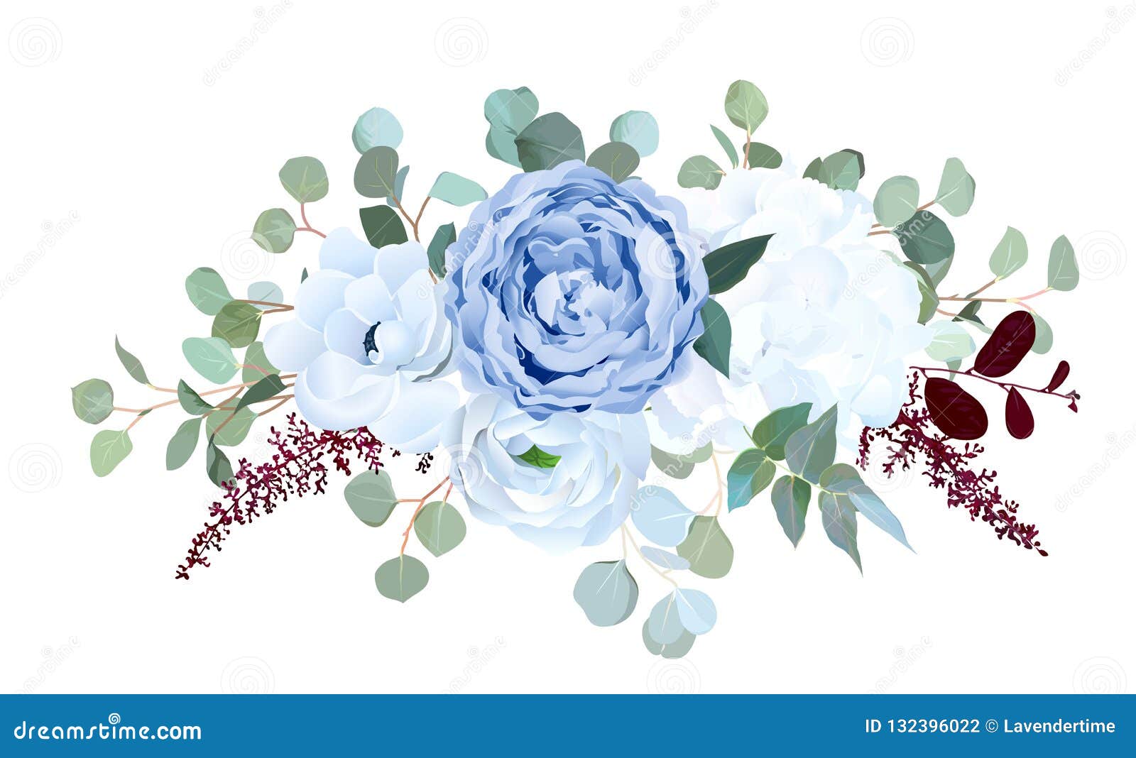 dusty blue rose, white hydrangea, ranunculus, anemone, eucalyptus