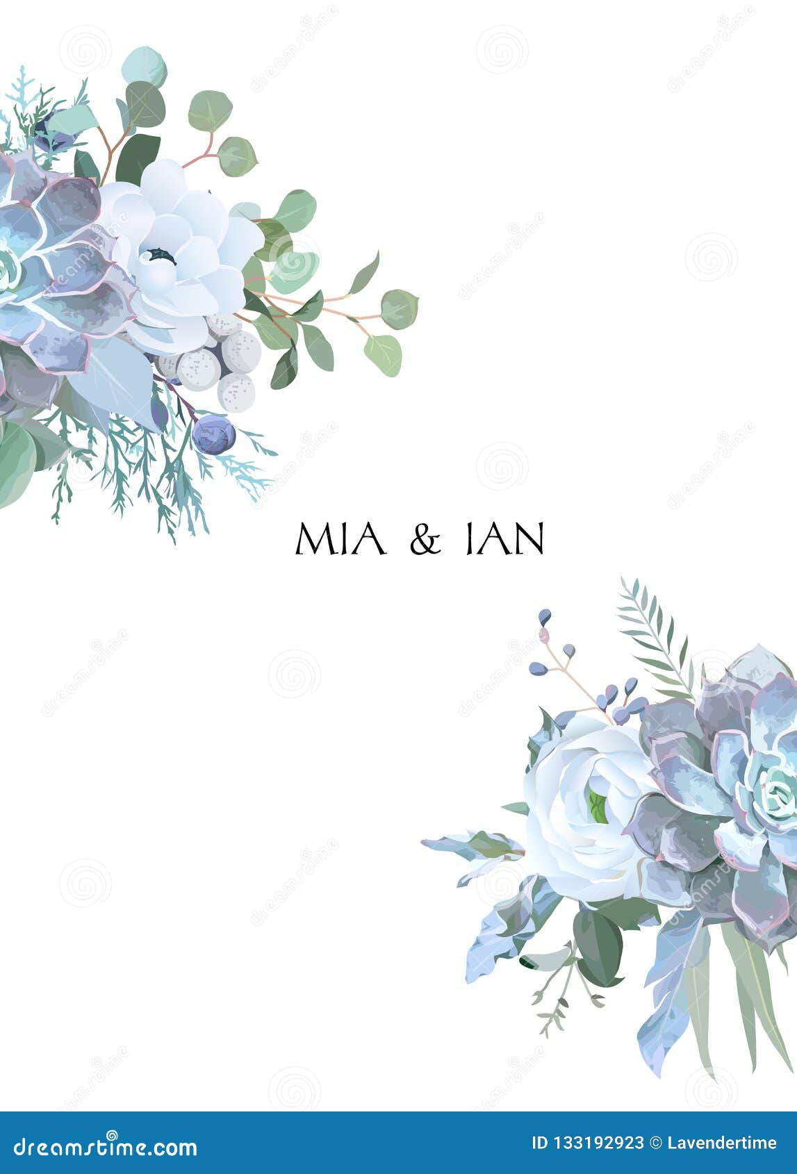 dusty blue and white flowers, ranunculus, anemone, eucalyptus, j