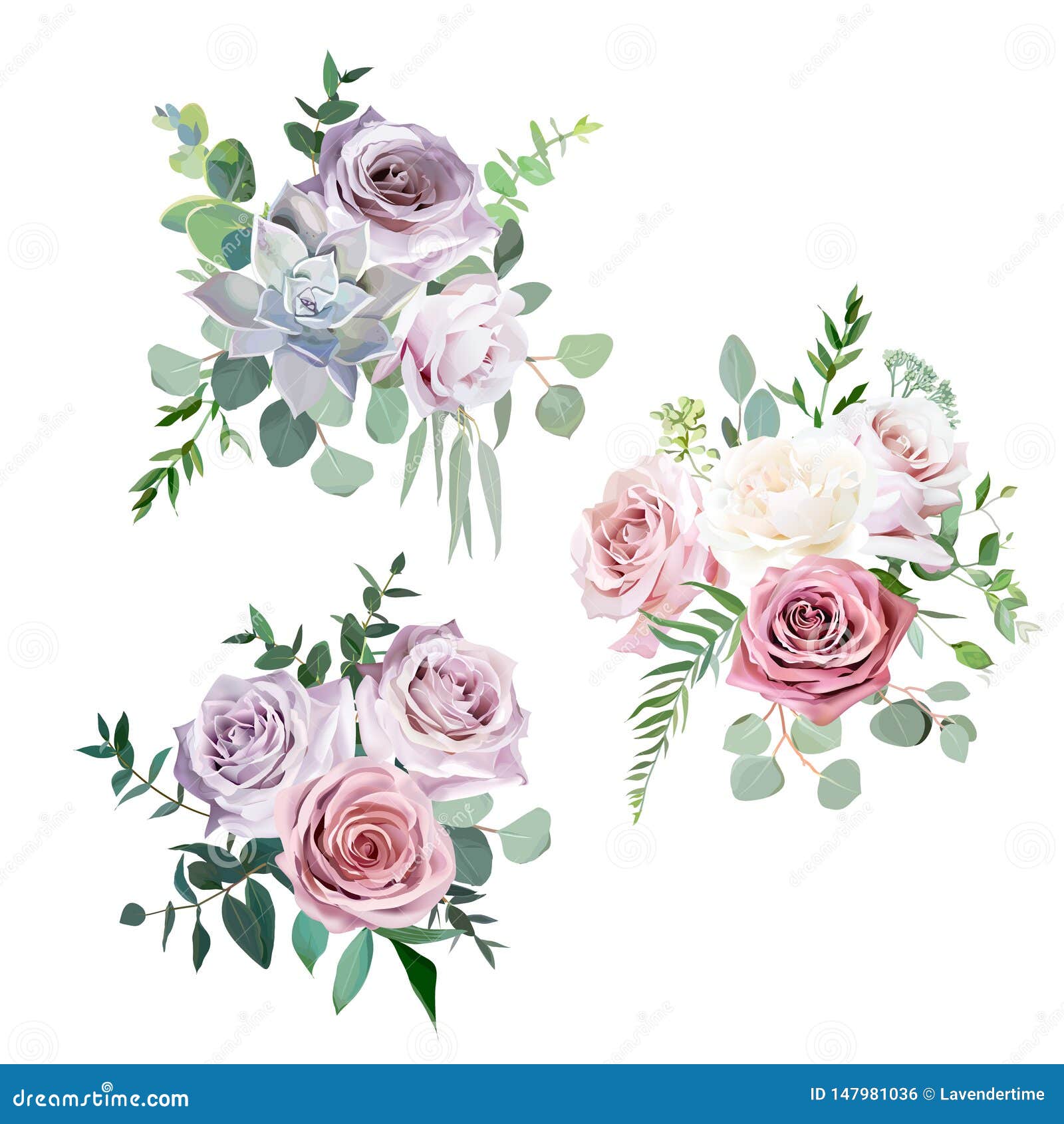 Dusty Pink,creamy White and Mauve Antique Rose Vector Design Wedding  Bouquets Stock Vector - Illustration of eucalyptus, floral: 147981036