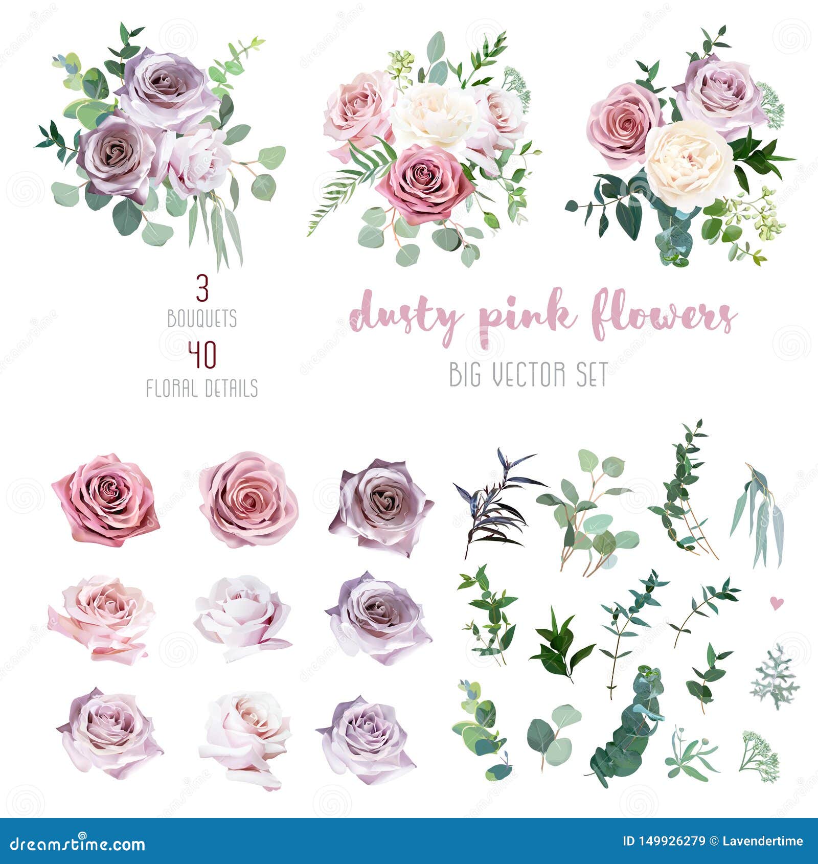 dusty pink and mauve antique rose, lavender and pale flowers, eucalyptus