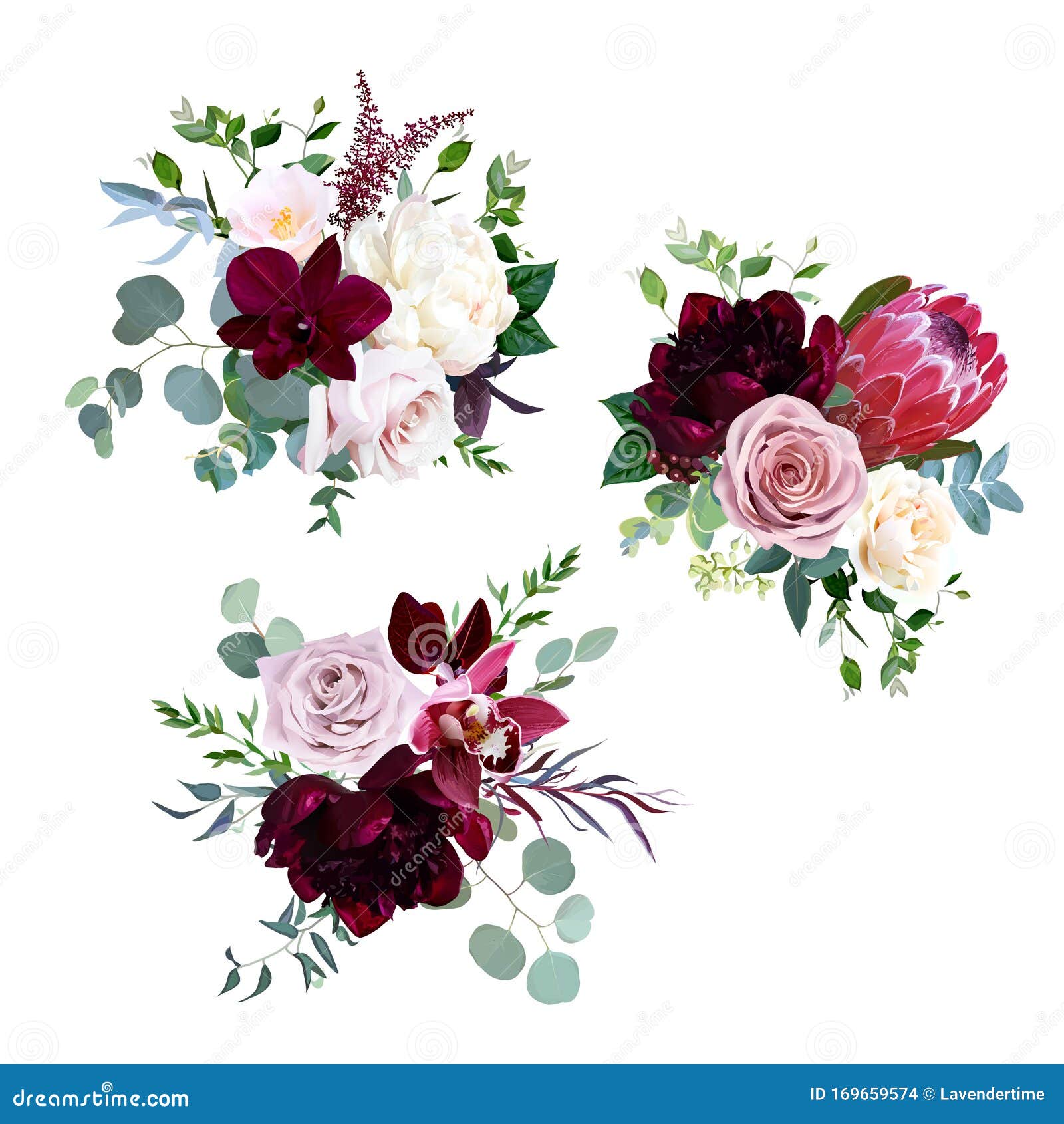 dusty pink, mauve and creamy rose, magenta protea, burgundy and white peony