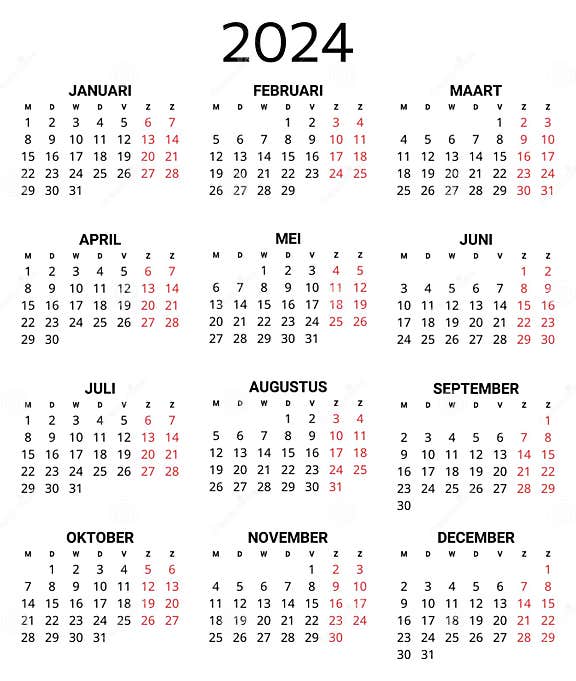 2024 Dutch Calendar. Printable Vector Illustration for Dutch. 12 Months