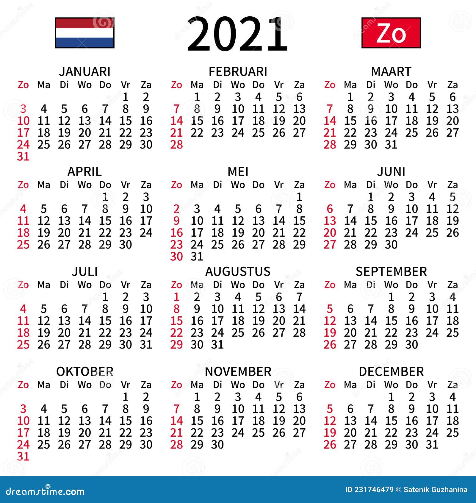 Dutch Calendar 2021, Sunday Stock Vector Illustration of calendar