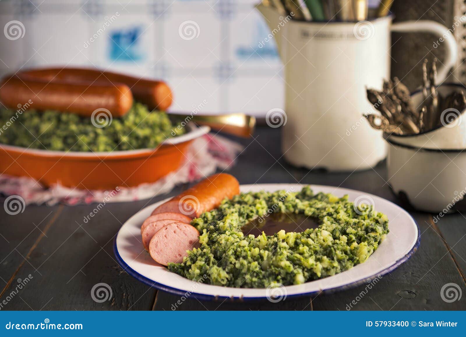 dutch food: kale with smoked sausage or 'boerenkool met worst'