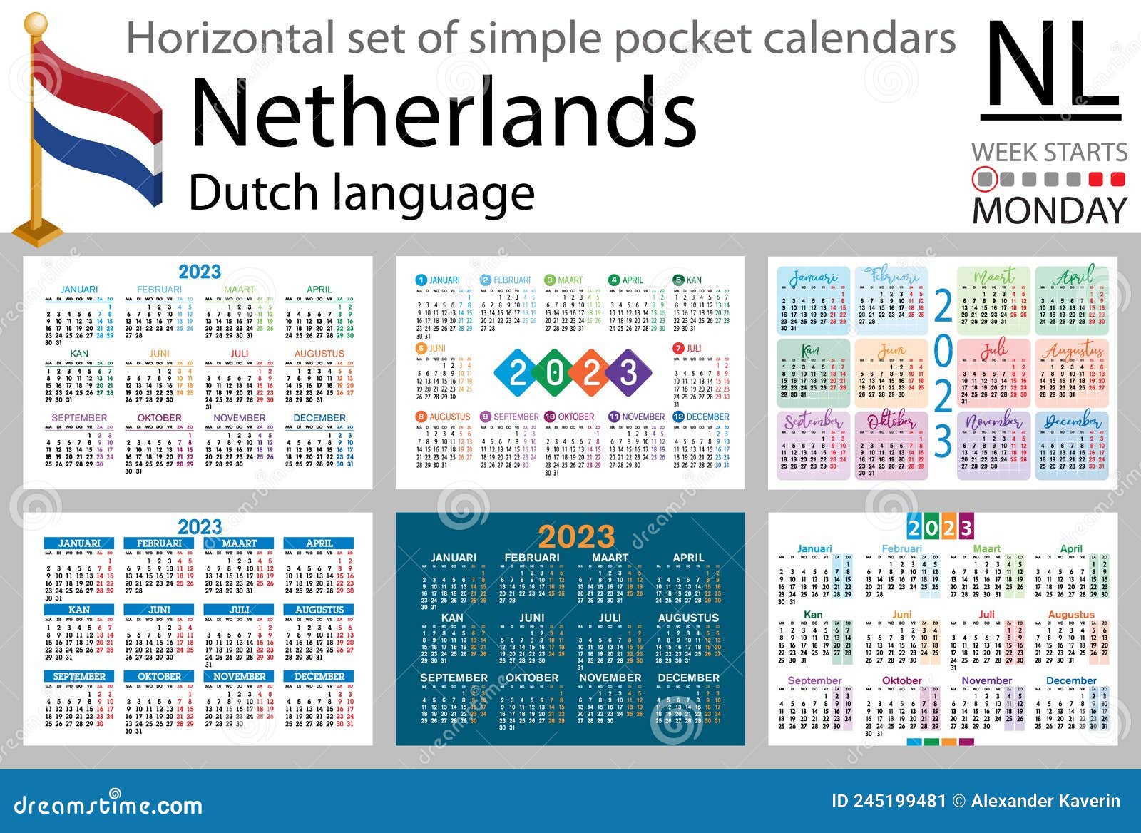 Dutch Horizontal Pocket Calendar for 2023. Week Starts Monday Stock