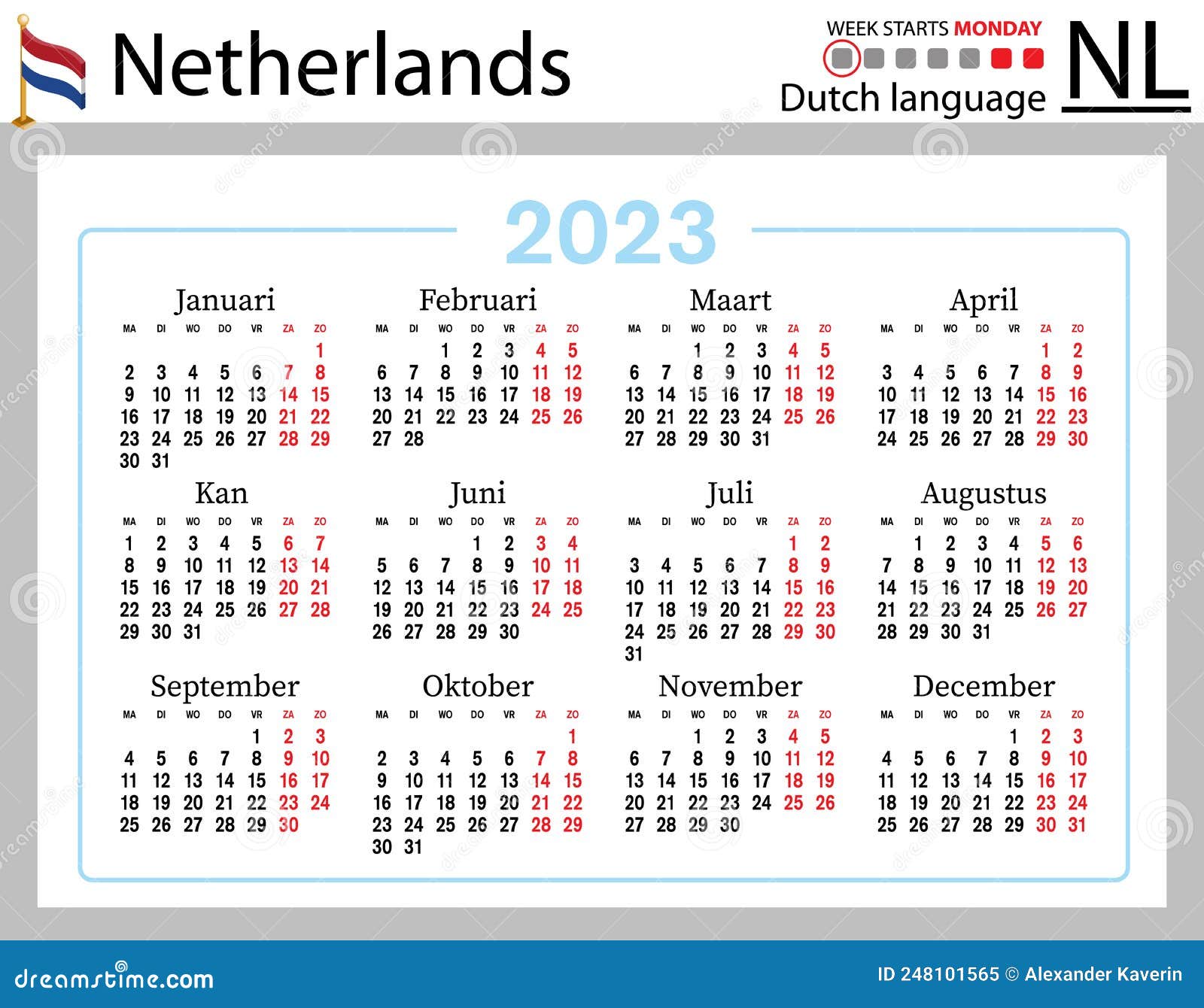 Dutch Horizontal Pocket Calendar for 2023. Week Starts Monday Stock