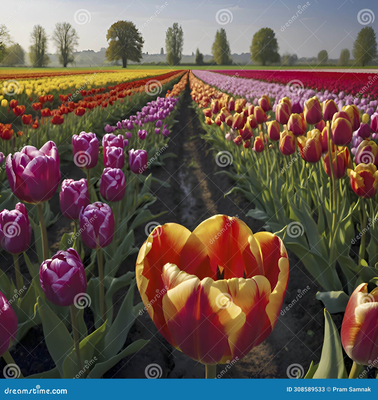 dutch rural, tulip fields, countryside landscape. ai-generated.