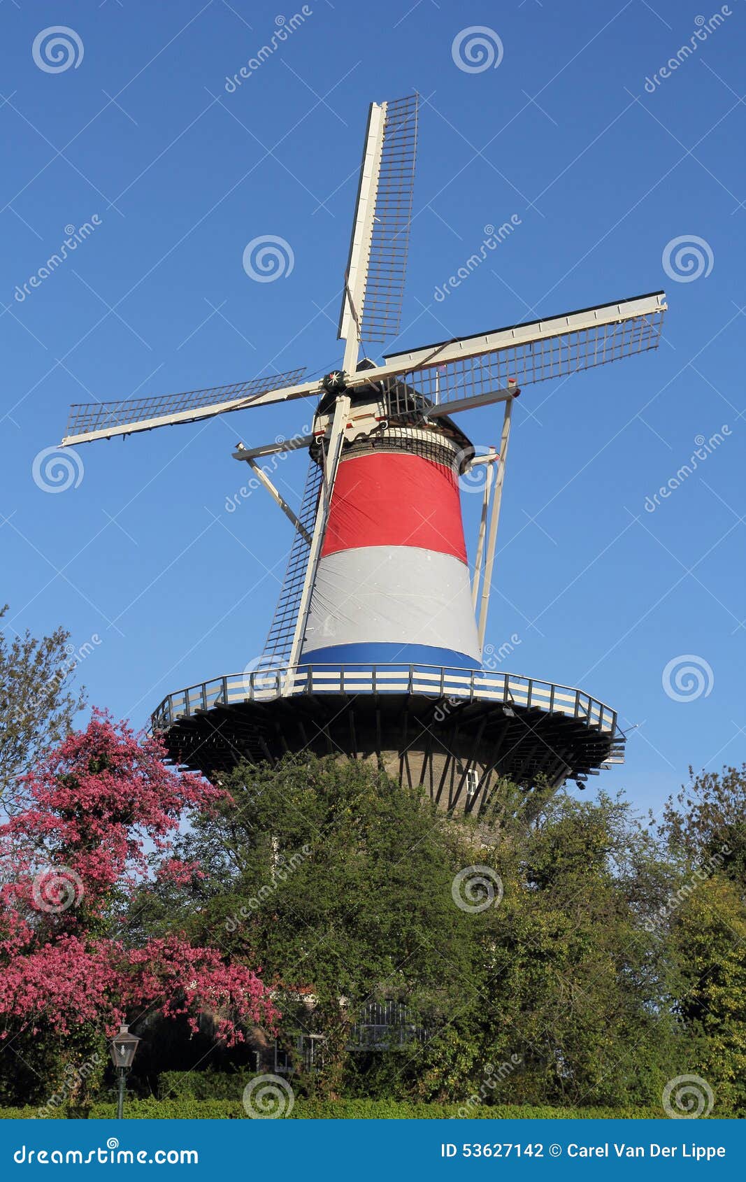 dutch tower mill in leiden, dressed in red, white and blue
