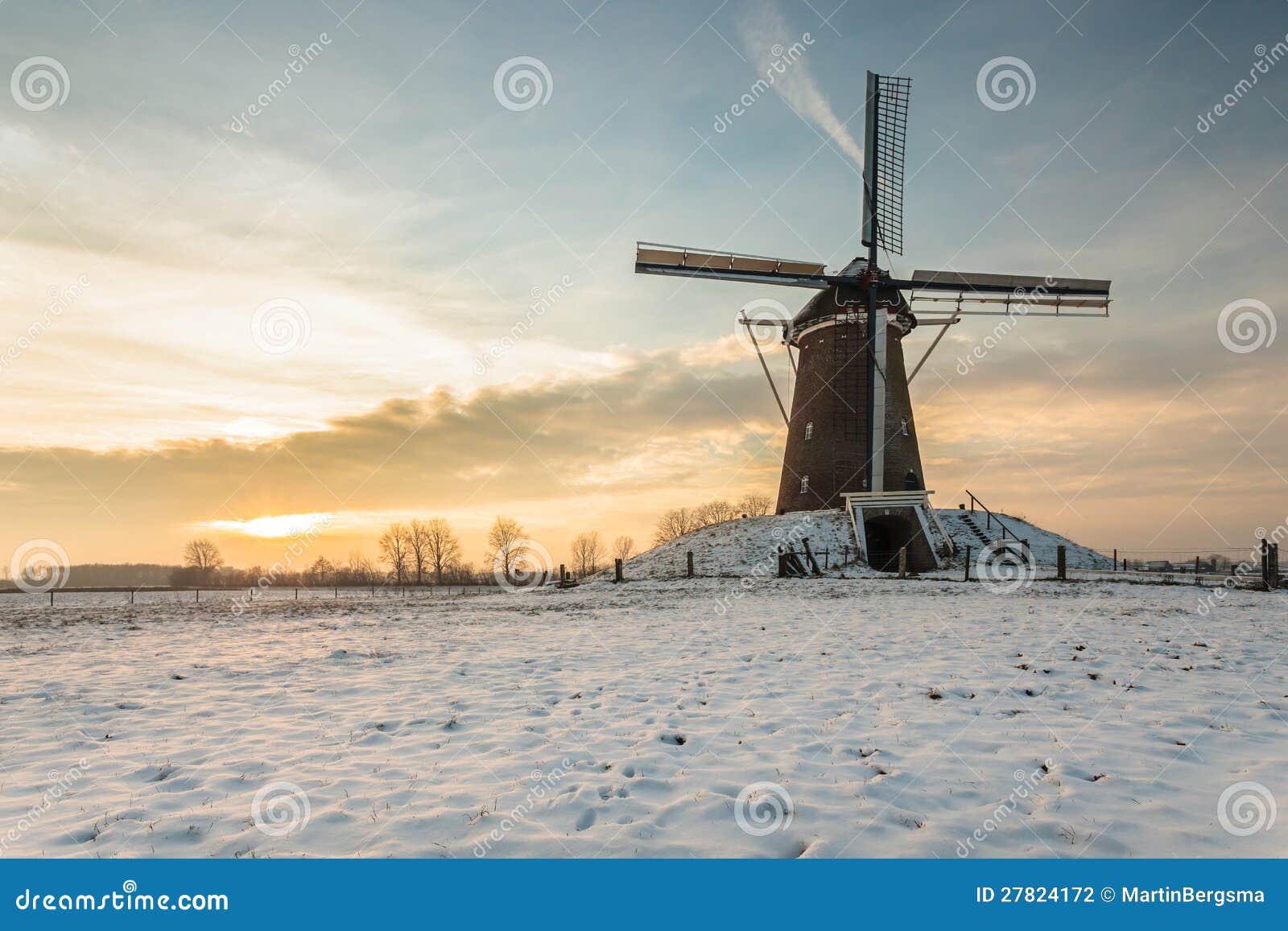 dutch windmill in wintertime