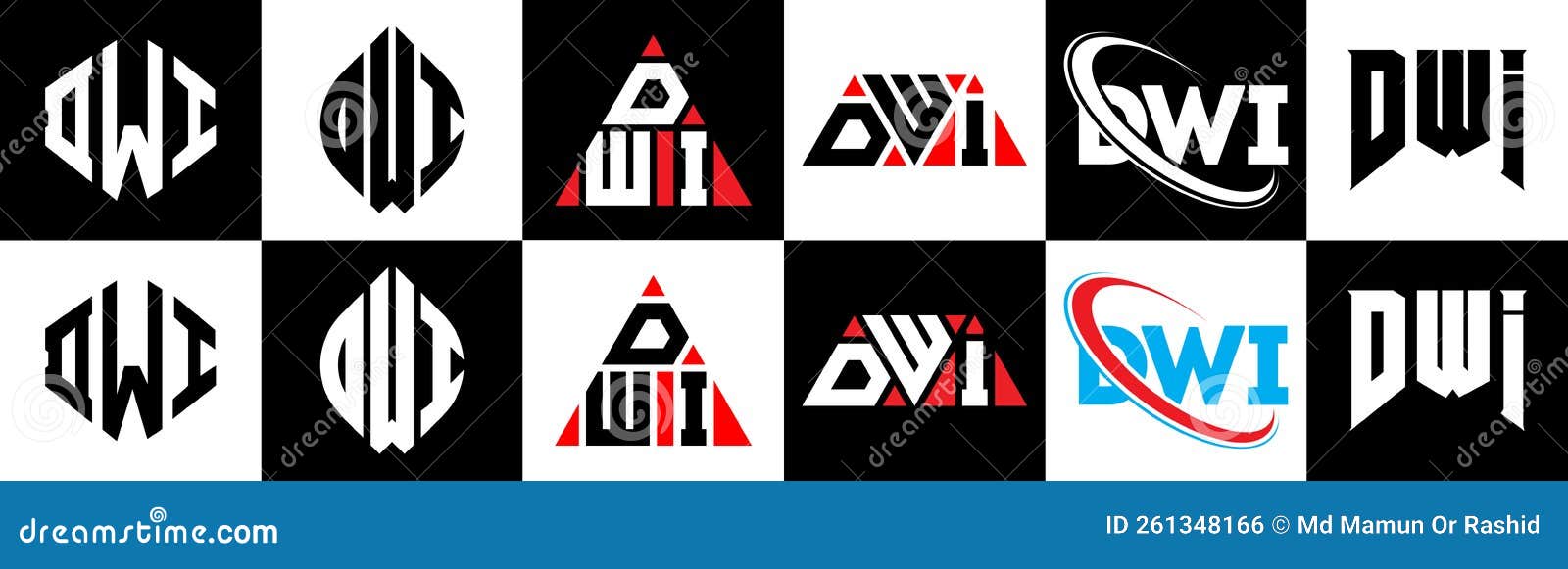 dwi letter logo  in six style. dwi polygon, circle, triangle, hexagon, flat and simple style with black and white color