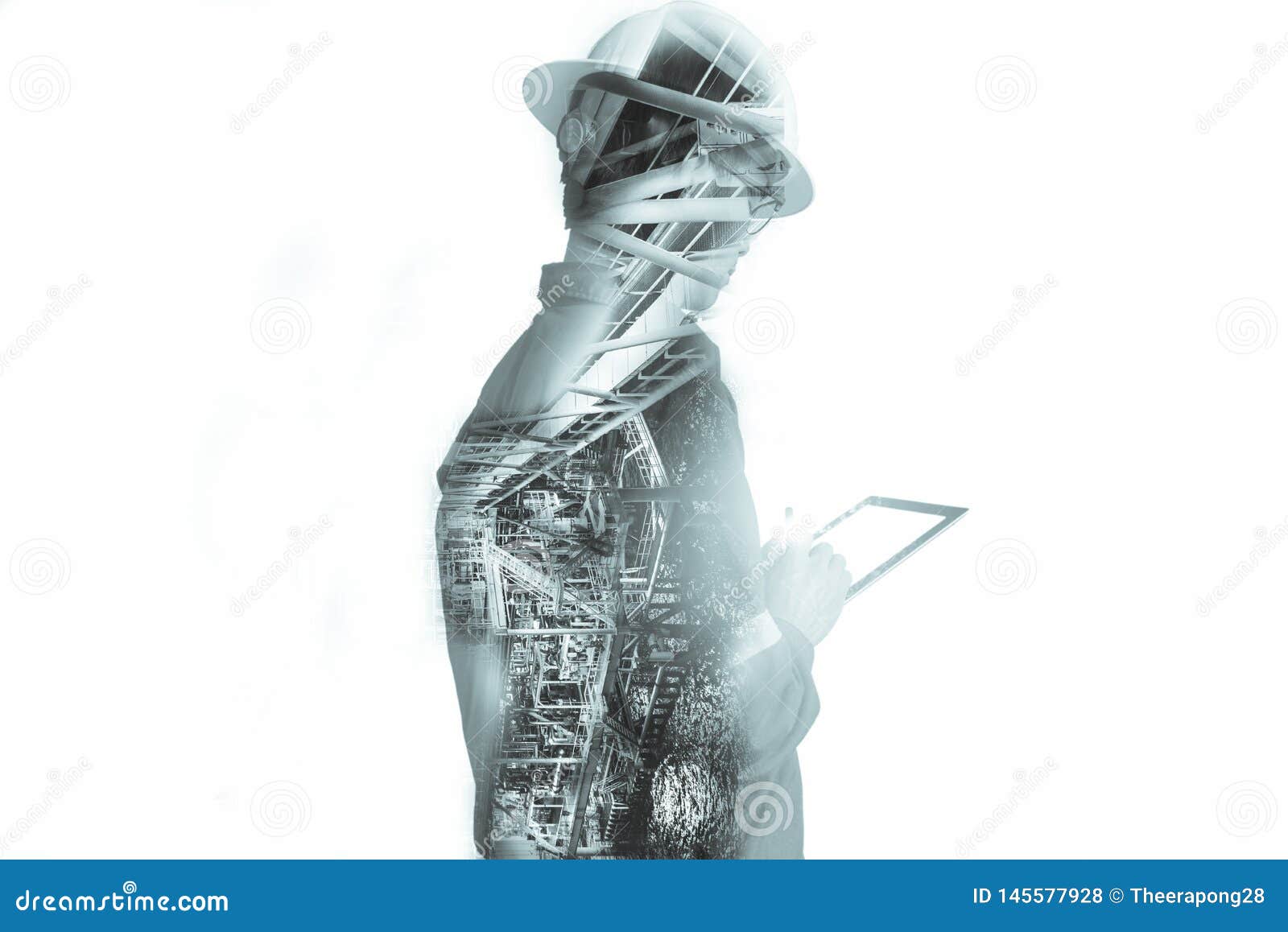 Double exposure of Engineer or Technician man with safety helmet operated platform or plant by using tablet with offshore oil and gas platform background for oil and gas business concept