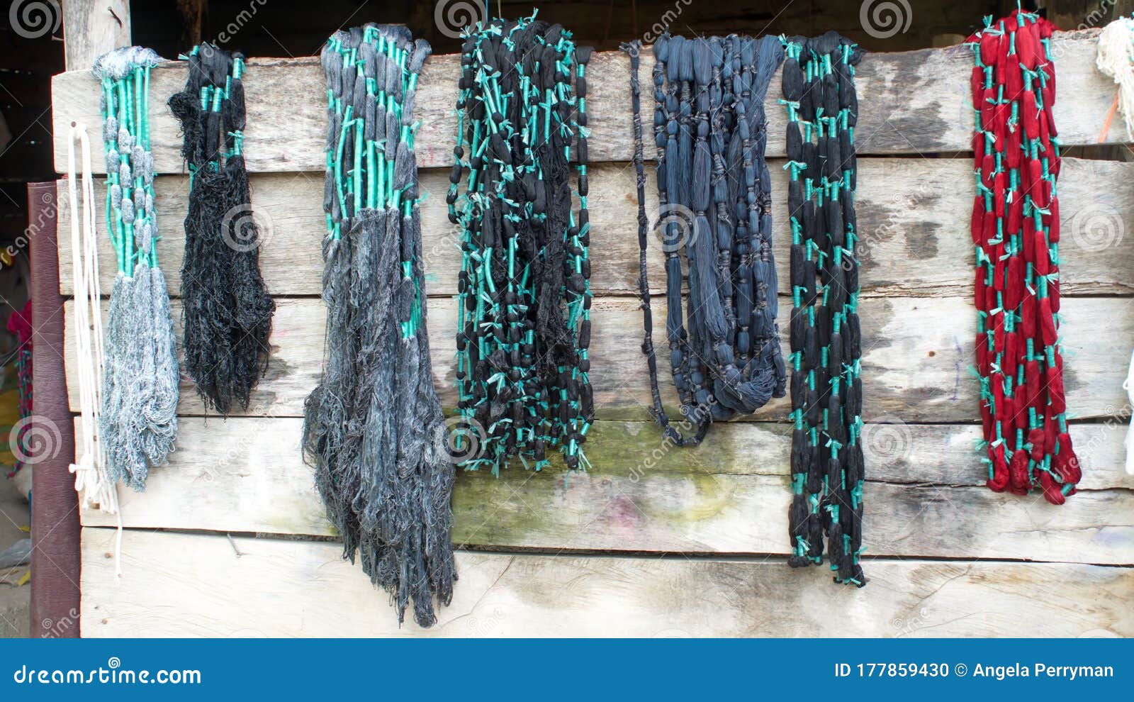 dyed ikat thread hanging to dry