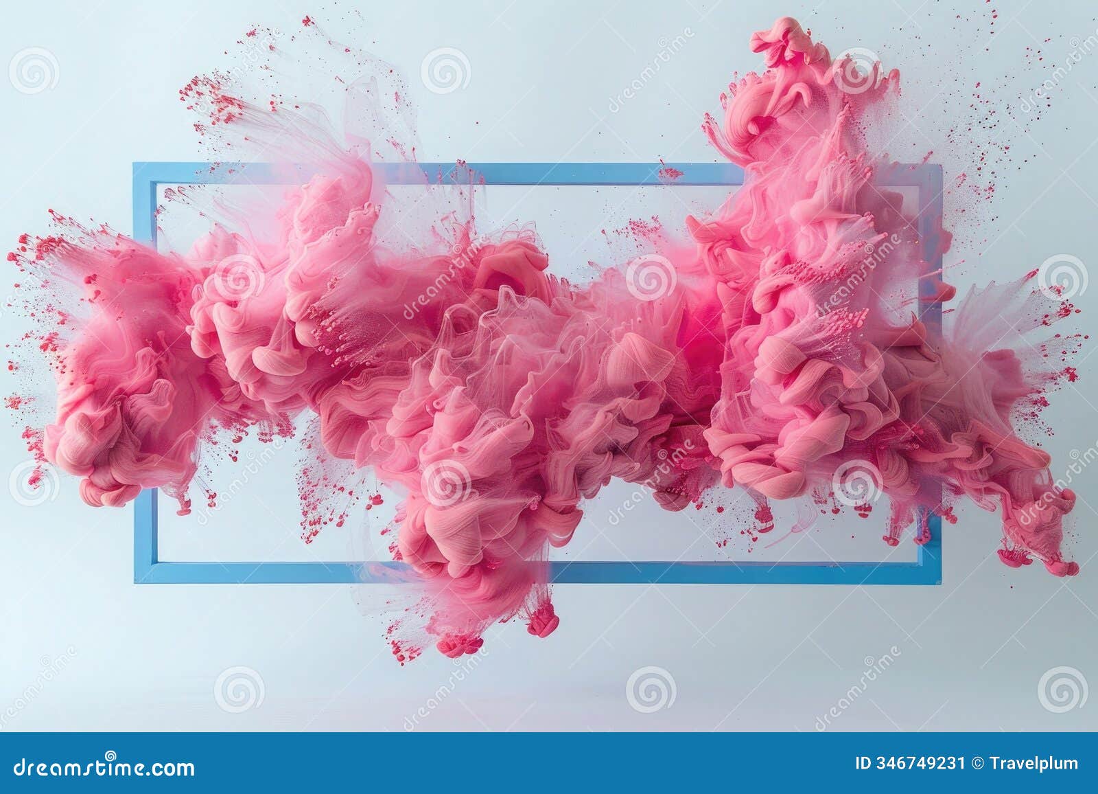dynamic abstract background with bright pink smoke clouds framed by a blue rectangular frame. creative composition izing art