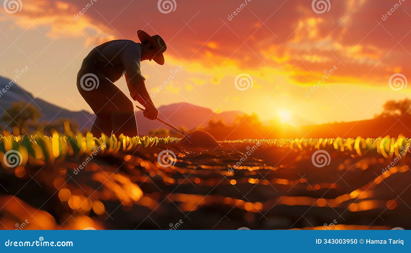 dynamic animated farmer planting rows of seeds at dawn vibrant and detailed