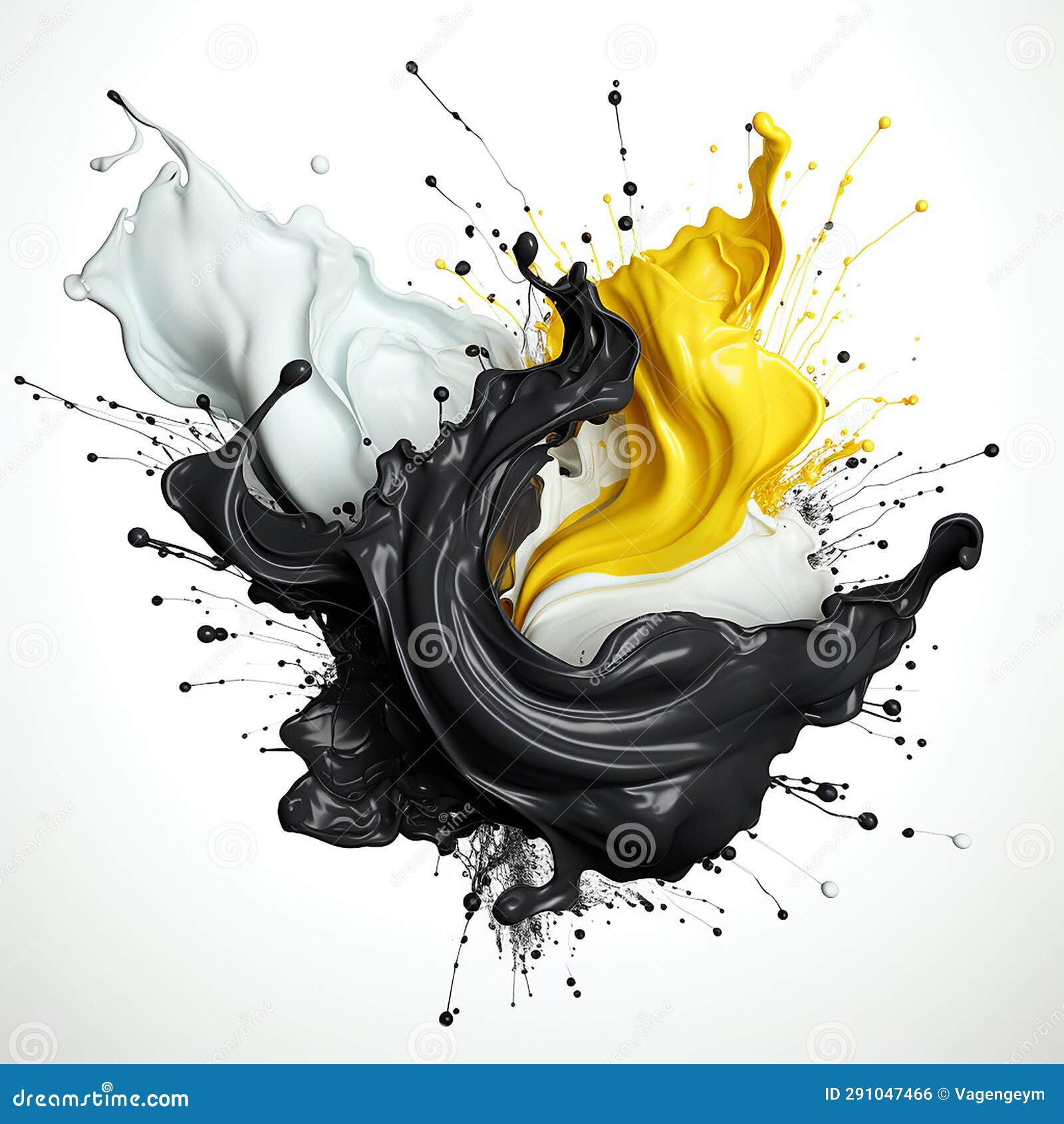 dynamic blending yellow, black and white liquid splash with flying beautiful drops. abstract fluid art